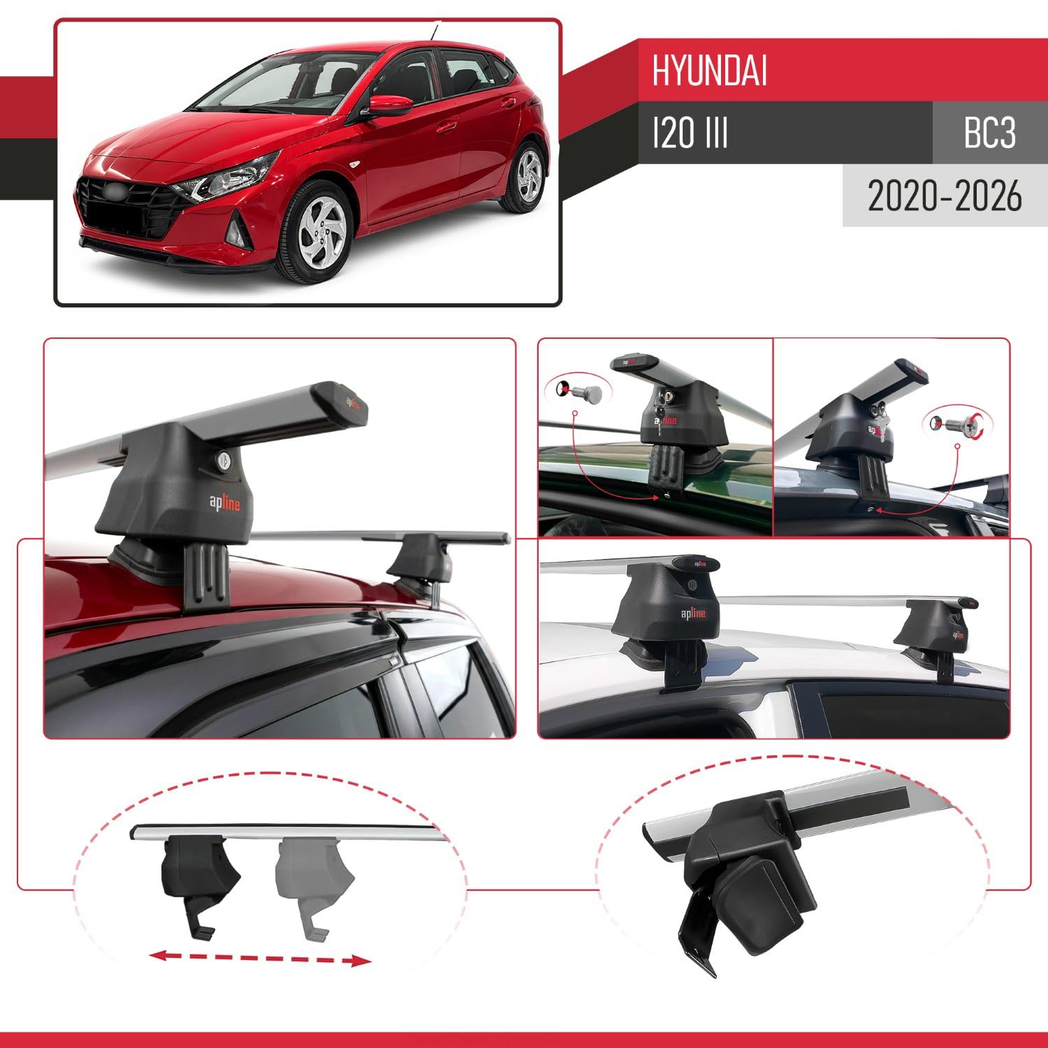Kompatybilny z Hyundai i20 III (BC3) 2020-2026 ACE-4 Model Aluminiowy bagażnik dachowy 2 poprzeczki, szary