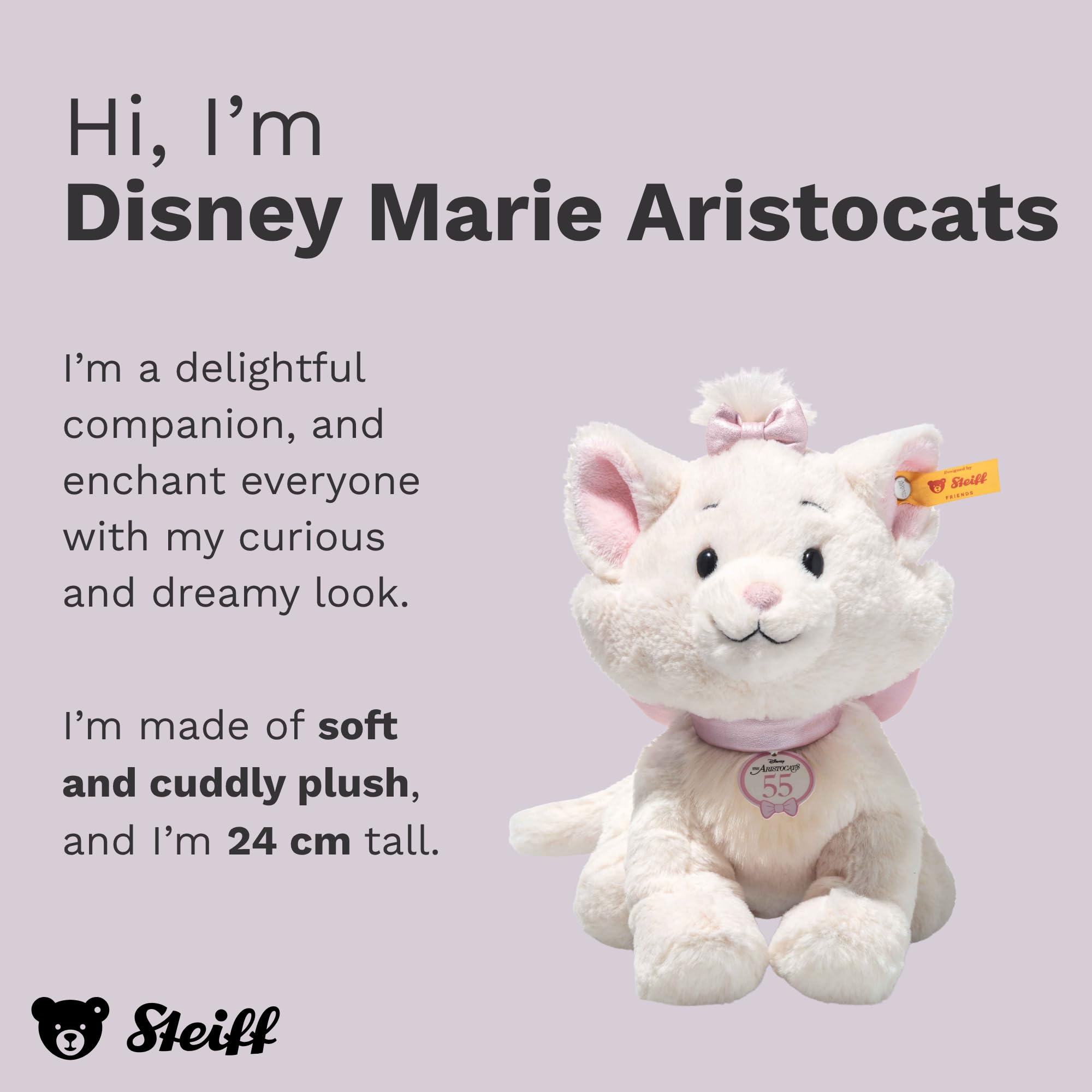 Steiff Przytulanka Disney Originals Marie Aristocats, słodka pluszowa zabawka z oczami z tworzywa sztucznego, dla dzieci, chłopców i dziewczynek, Friends, 24 cm, różowa, 684296