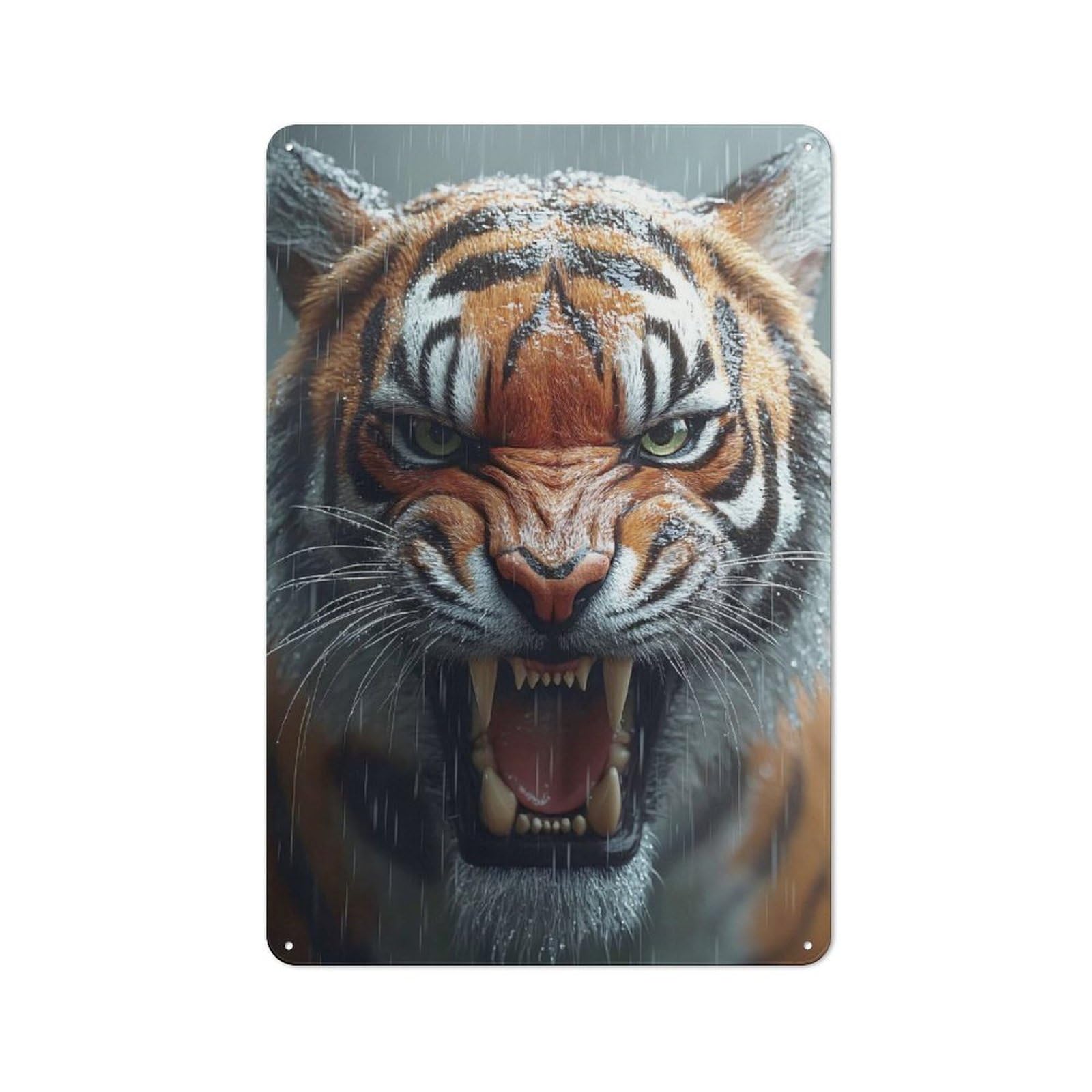 Junmoney Style-2 Tin Wall Plaque 30X20cm With Roaring Tiger In The Rain For Man Cave Or Games Room, A Christmas Gift For Leisure-Room Decor Enthusiasts