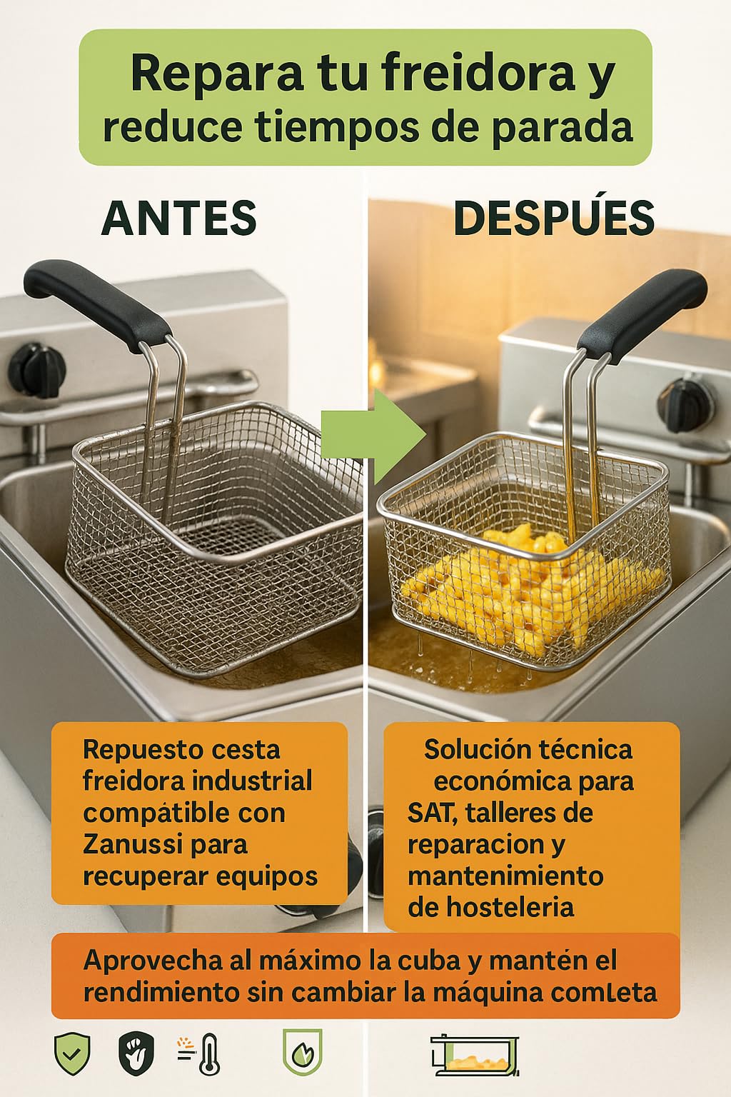 CubetasGastronorm ® Cesta freidora 270x260x120mm recambio industrial compatible con Zanussi Electrolux Alpeninox acero inoxidable para freidora electrica profesional hosteleria cocina uso diario