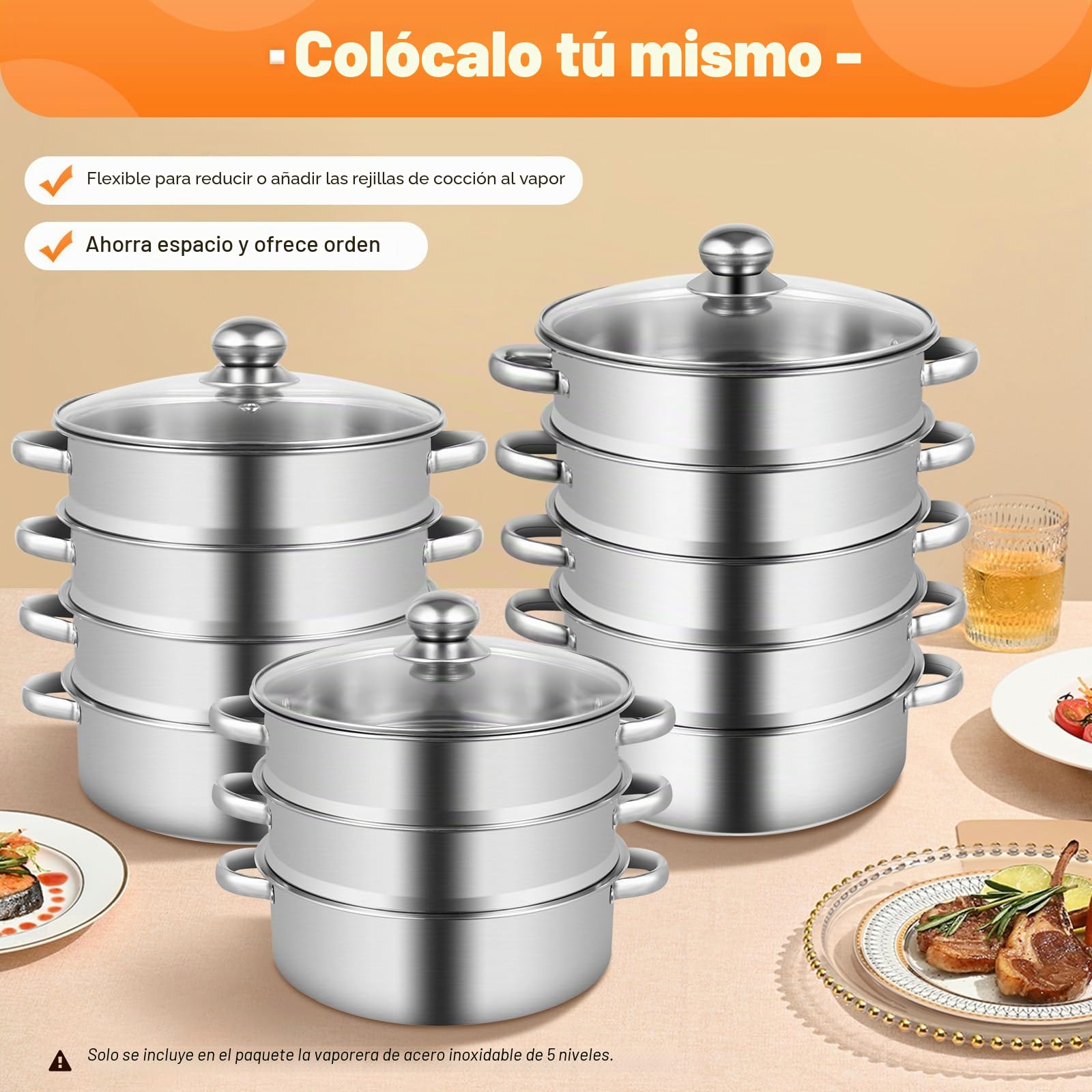Vaporera de 5 niveles, acero inoxidable, vaporizador, apilable, diámetro de 26 cm, olla de vapor, olla con sartén y tapa de cristal, para cocinar (plata)