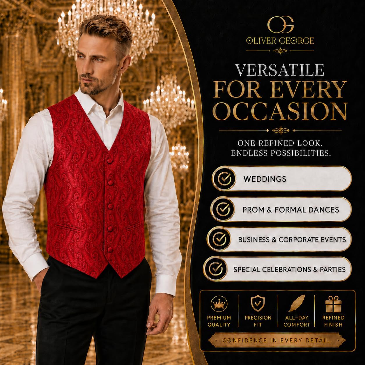 Oliver George 2pc Men's Paisley Formal Suit Vest Waistcoat Tuxedo Dress Vest Bowtie Set for Suit or Tuxedo