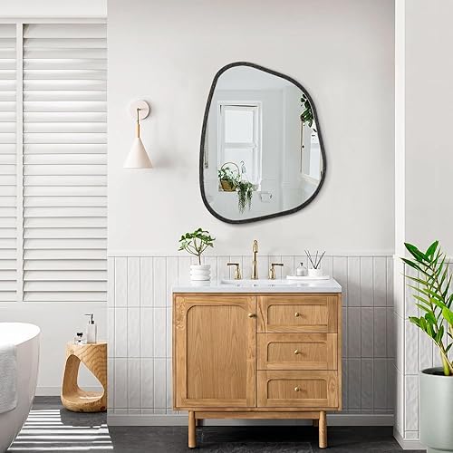 Miniatura 131 de Espejo de pared irregular de 26 x 18 pulgadas, espejo de baño grande asimétrico con marco de madera, espejos decorativos artísticos modernos
