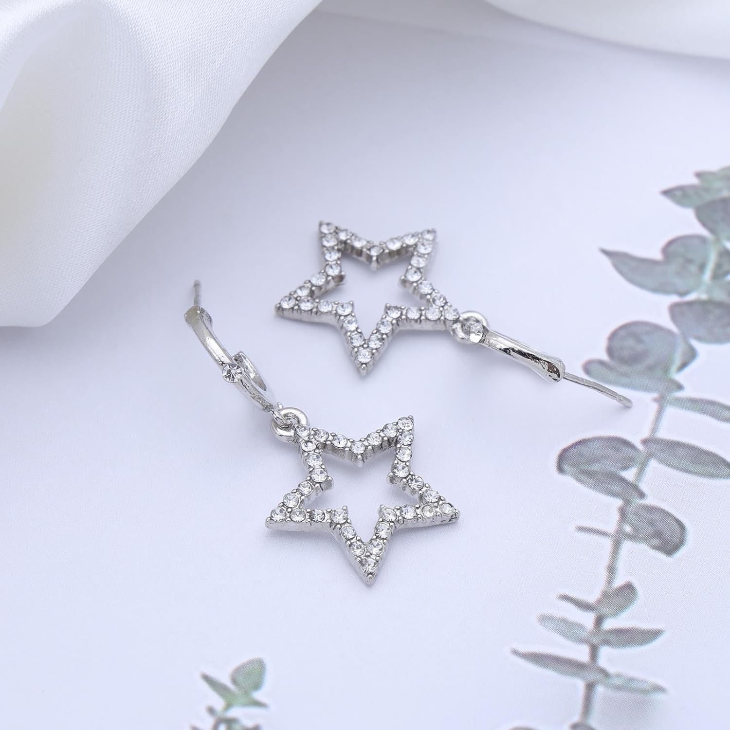 Bohemian Crystal Star Drop Earrings Small Hollow Star Dangle Earrings Silver Cz Star C Shape Earrings Rhinestone Star Circle Hoop Earrings Jewelry for Women - Image 6