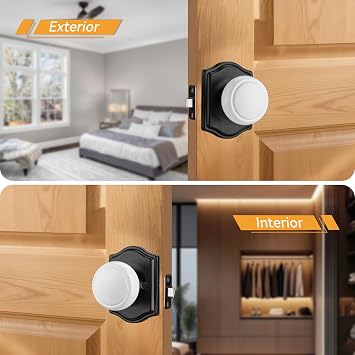 White & Black Door Knobs with Camelot Trim, Coastal Knob Style Passage Door Knob with Non-Locking for Hall