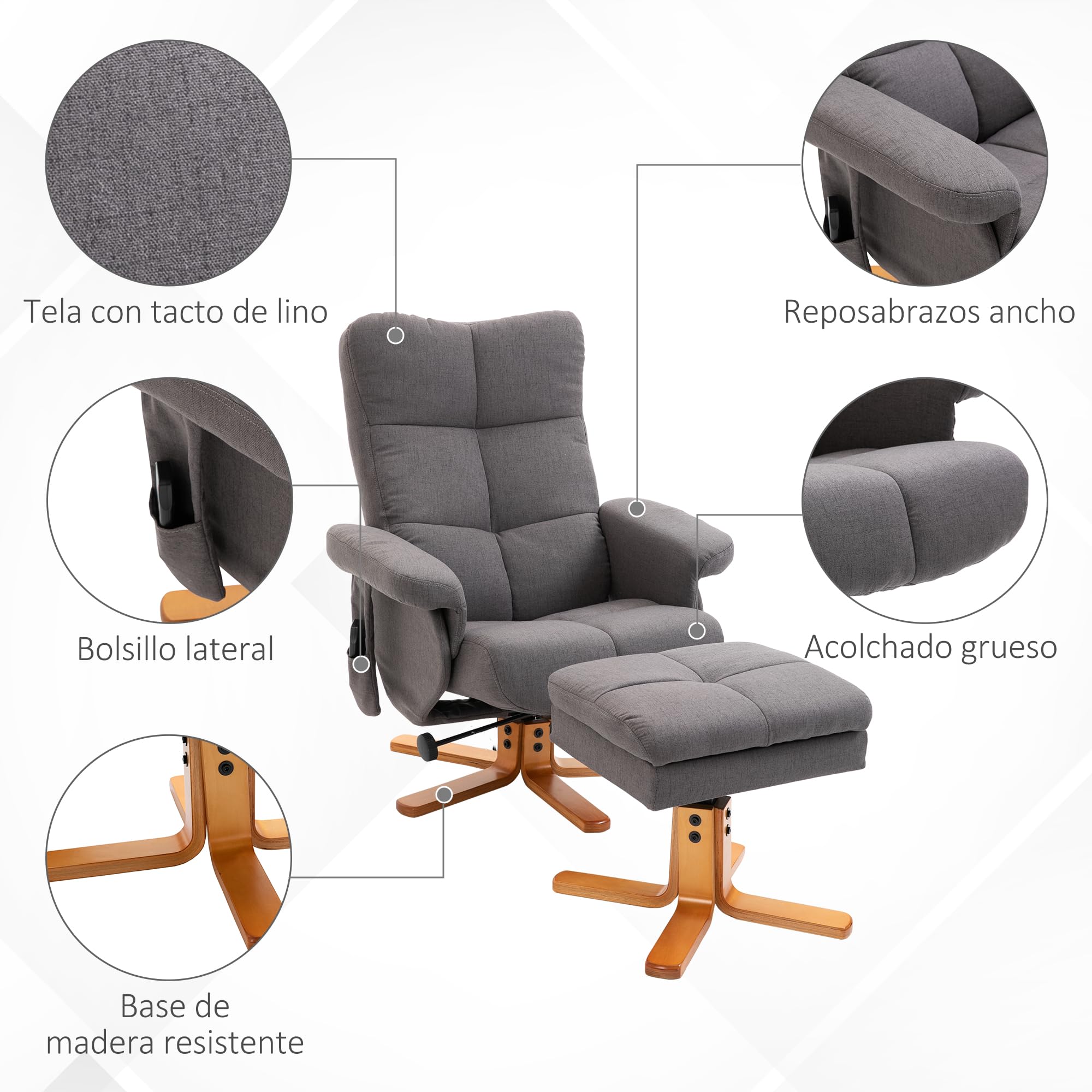 HOMCOM Sillón Relax Reclinable con Reposapiés Sillón de Masaje Eléctrico con 10 Puntos de Masaje Función Reclinable Giratorio 360° Mando a Distancia Bolsillo Lateral para Salón Oficina Gris Oscuro