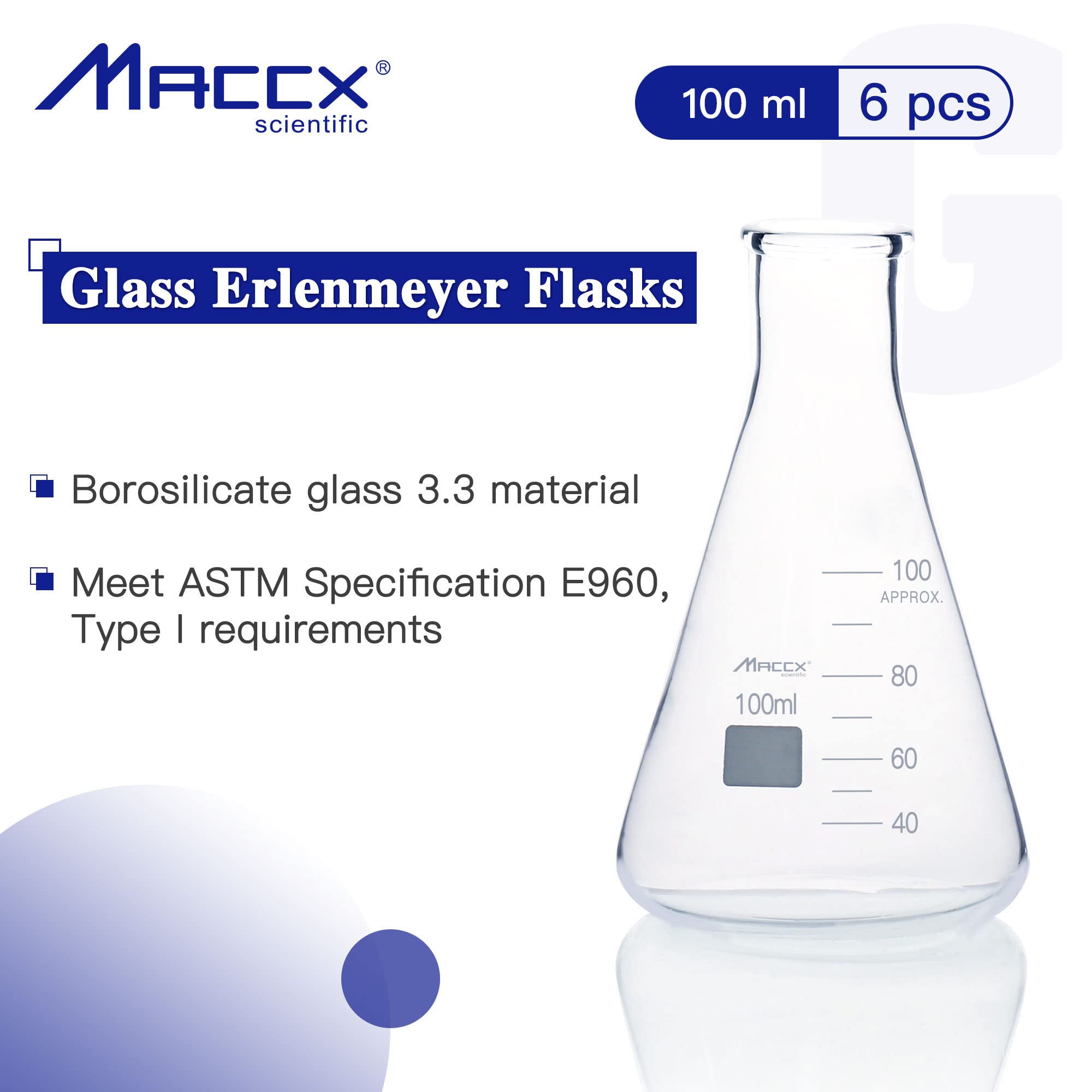 Frasco Erlenmeyer de vidrio resistente de boca estrecha de 3.3 onzas (100 ml) con graduación impresa, paquete de 6, EFN100-006