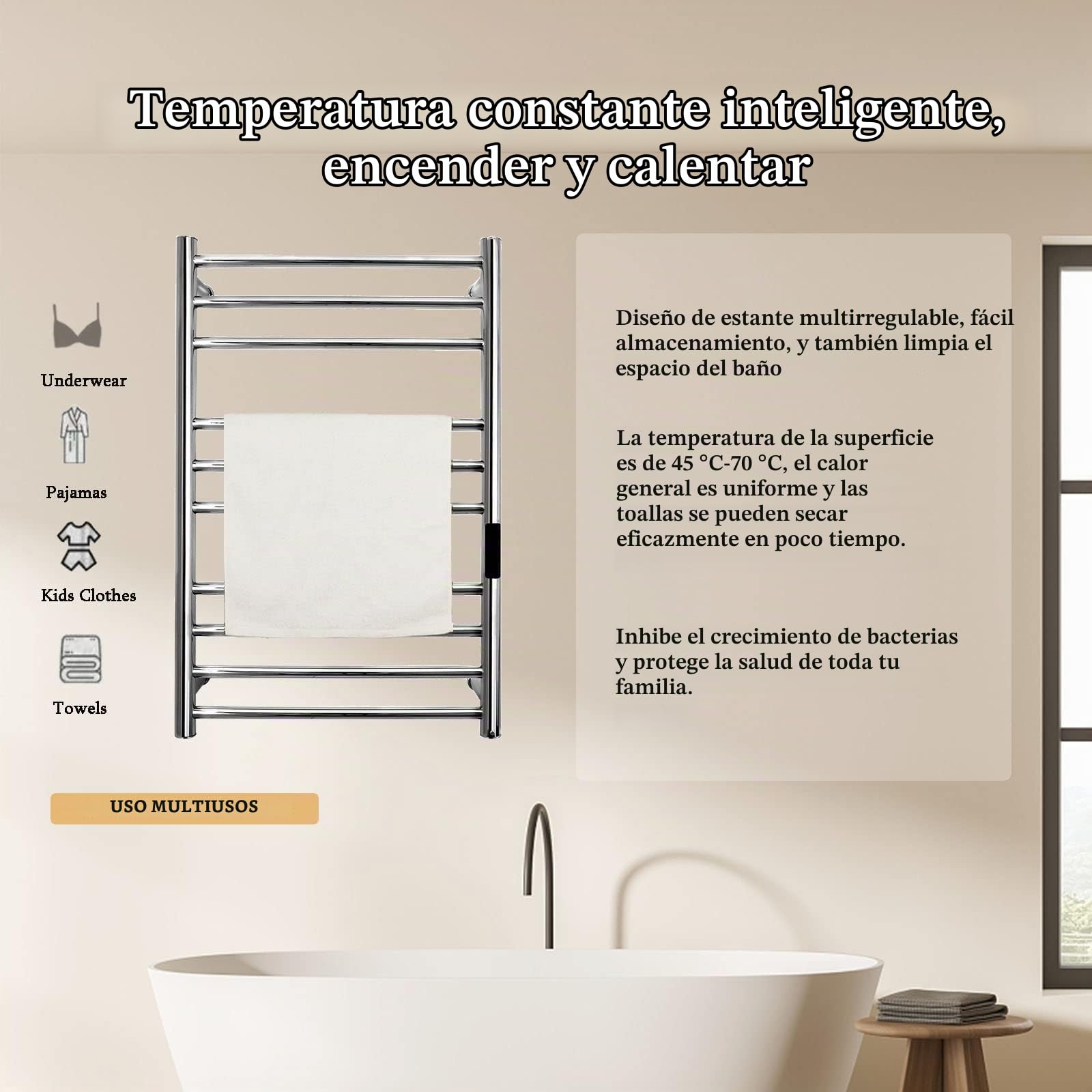 Radiador Toallero Electrico,Toallero Electrico Baño De Suelo y Pared,Calentador De Toallas con Termostato,Calentador De Toallas Acero Inoxidable 304 De 10 Barras,Enchufable