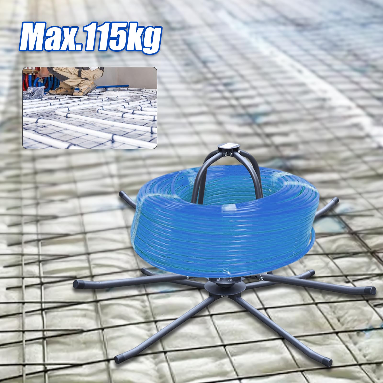 Carrete de tubo para calefacción por suelo radiante, enrollador de tubos, cable máx. 115 kg, Q235, hierro negro, compuesto de tubería para el suelo, cable de calentamiento, dispensador de carrete con