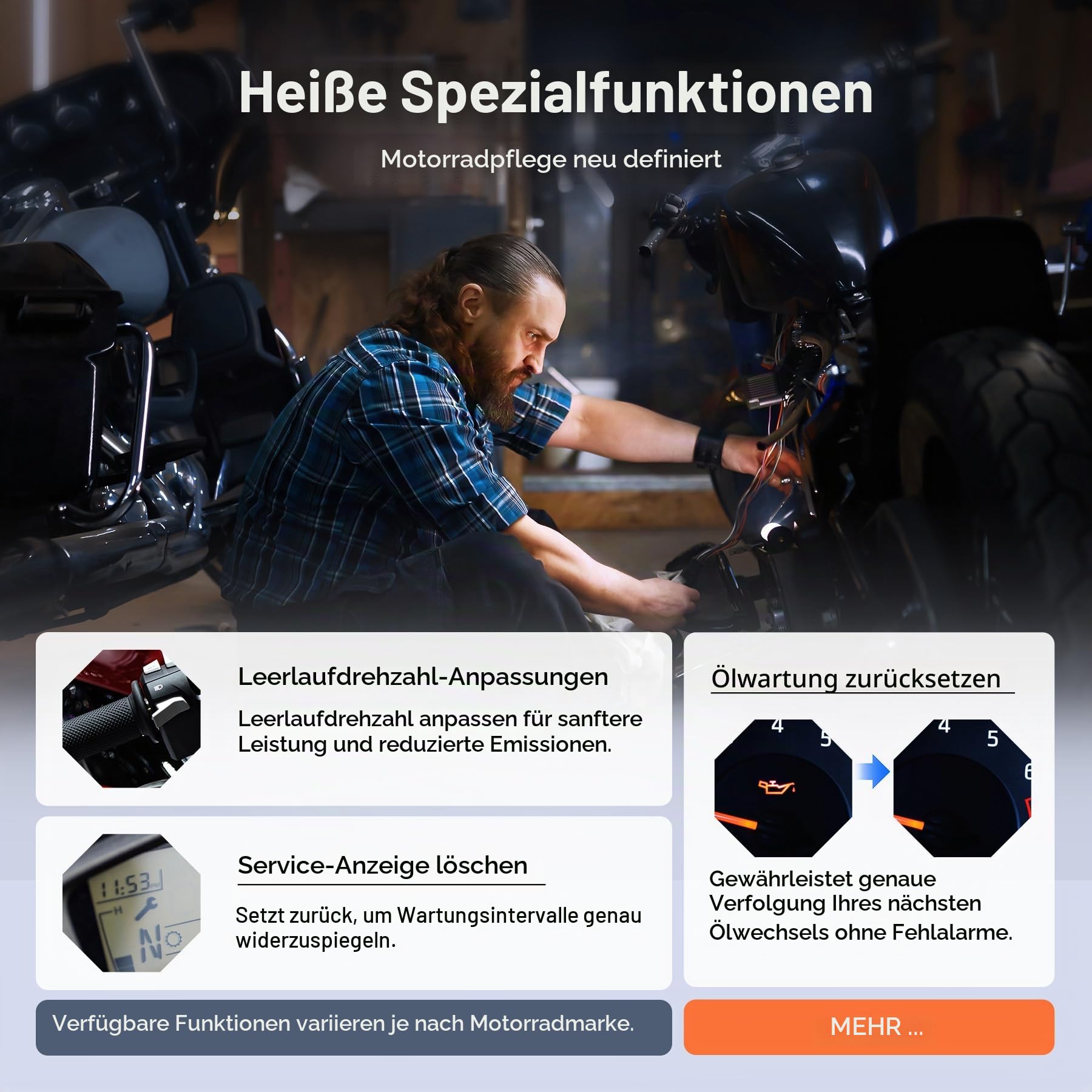TopScan Motorrad OBD2 Diagnosegerät, Kabelloser Motorrad OBD2 Diagnosewerkzeug, Passend für Harley, Ducati, BMW, Alle Systeme Scan Tool mit Hot Reset Funktionen, Datenstrom, Grau
