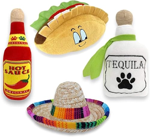 Paquete de 4 juguetes masticables para perros y sombrero, juguetes de peluche mexicanos chirriantes - Regalos para perros para chihuahuas - Taco -
