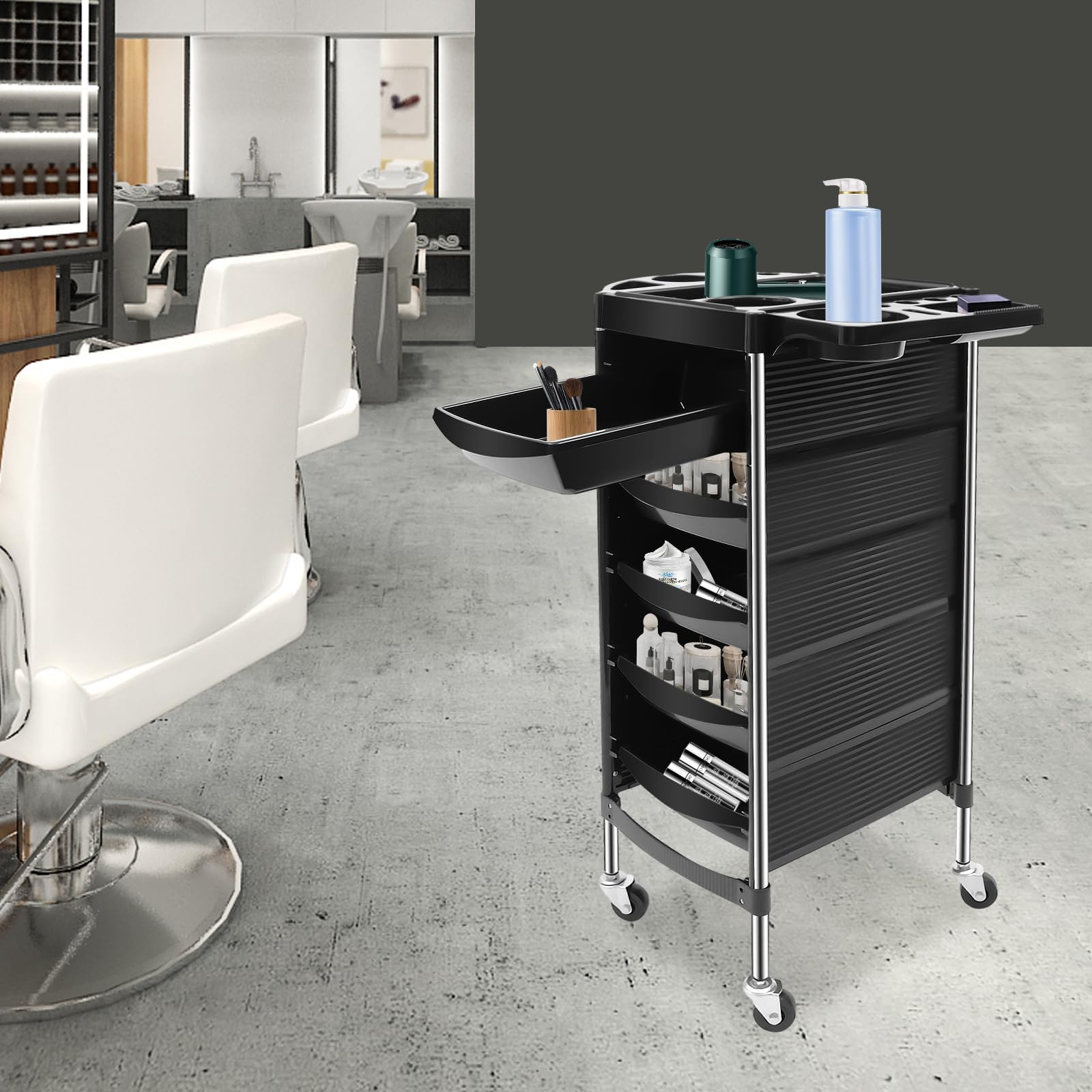 Carrello da parrucchiere con 5 cassetti scorrevoli a due vie, carrello da lavoro, carrello da salone, beauty salon, trolley, parrucchiere, carrello per saloni di bellezza, parrucchieri