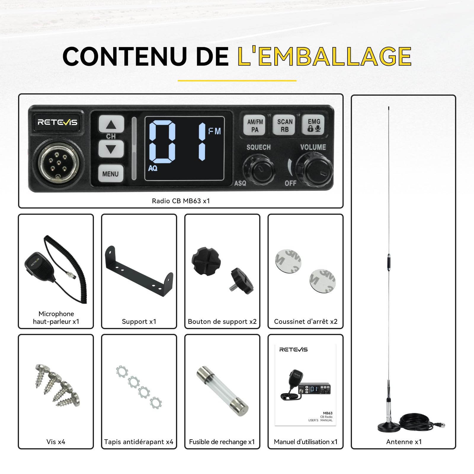 Retevis MB63 Radio CB Mobile Kit Complet avec Antenne AM/FM/PA Écran LCD VOX SQ/ASQ EMG CH9/19 Noir