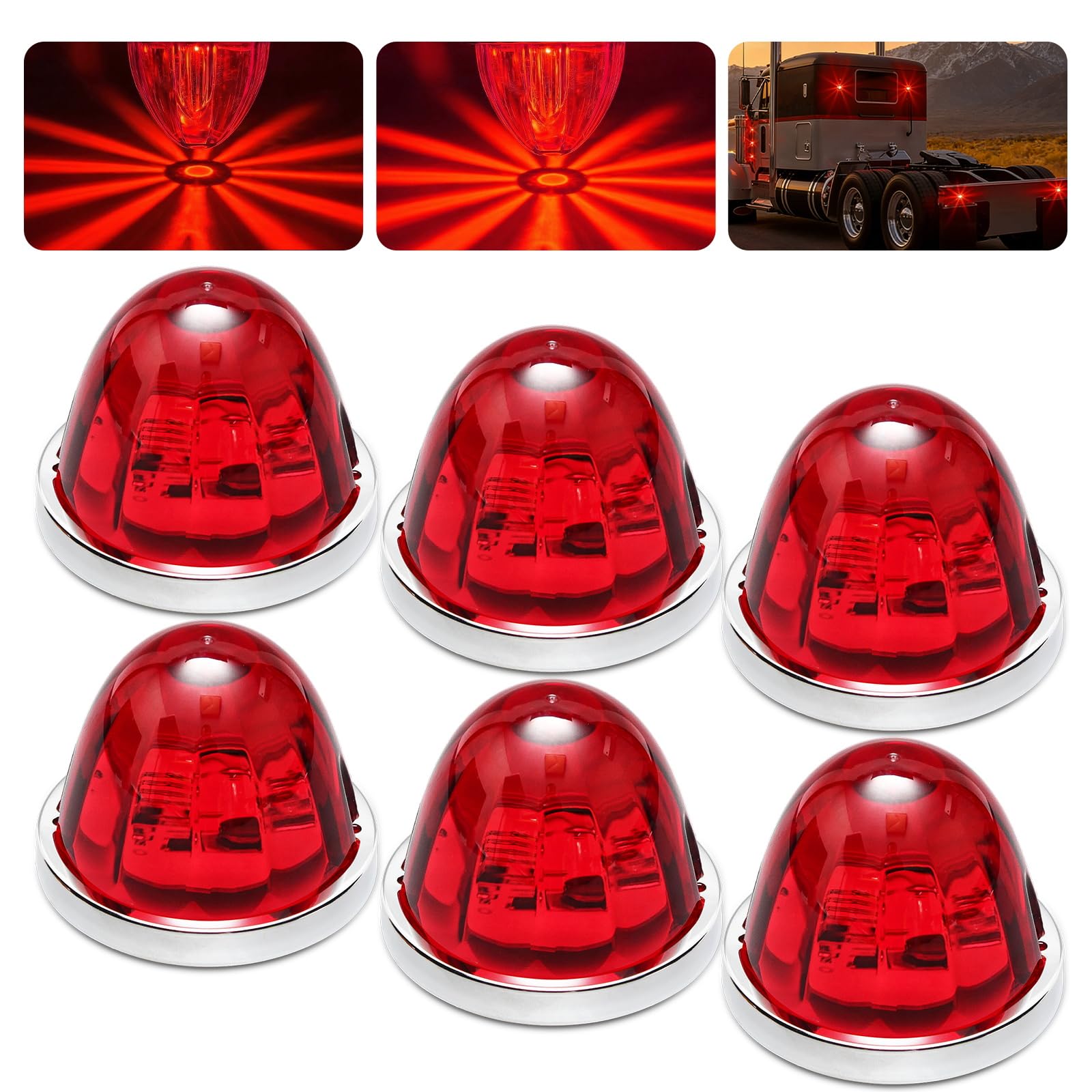 6PCS Watermelon Lights Red Strobe &amp; Constant Multi-Function LED Side Marker Turn Signal Tail Roof Lights with Stainless Steel Bezel for Trailer Semi-trailer Heavy-duty Truck