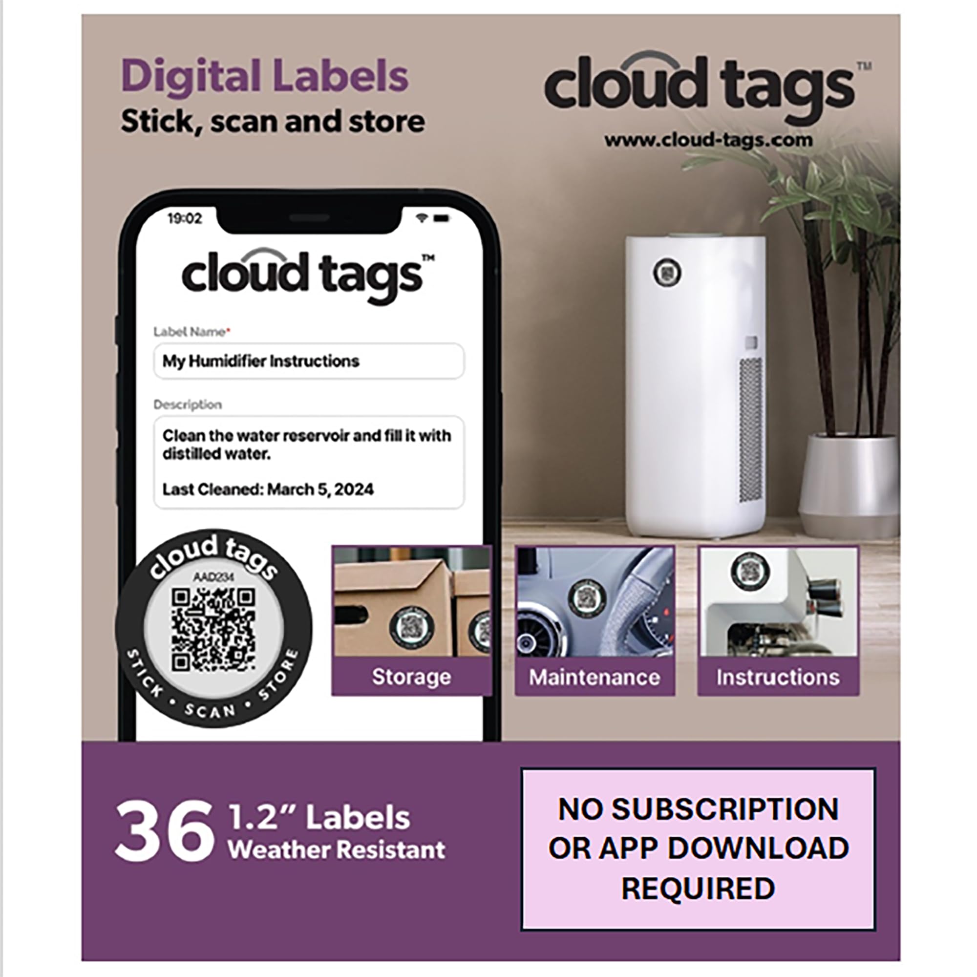 QR Code Cloud Tag Labels | No App or Subscription | Programmable QR Codes to Store Information, Storage, Instructions, Lost & Found, Service Histories & Etc| Waterproof | Pack of 36 (1.2 in x 1.2 in)