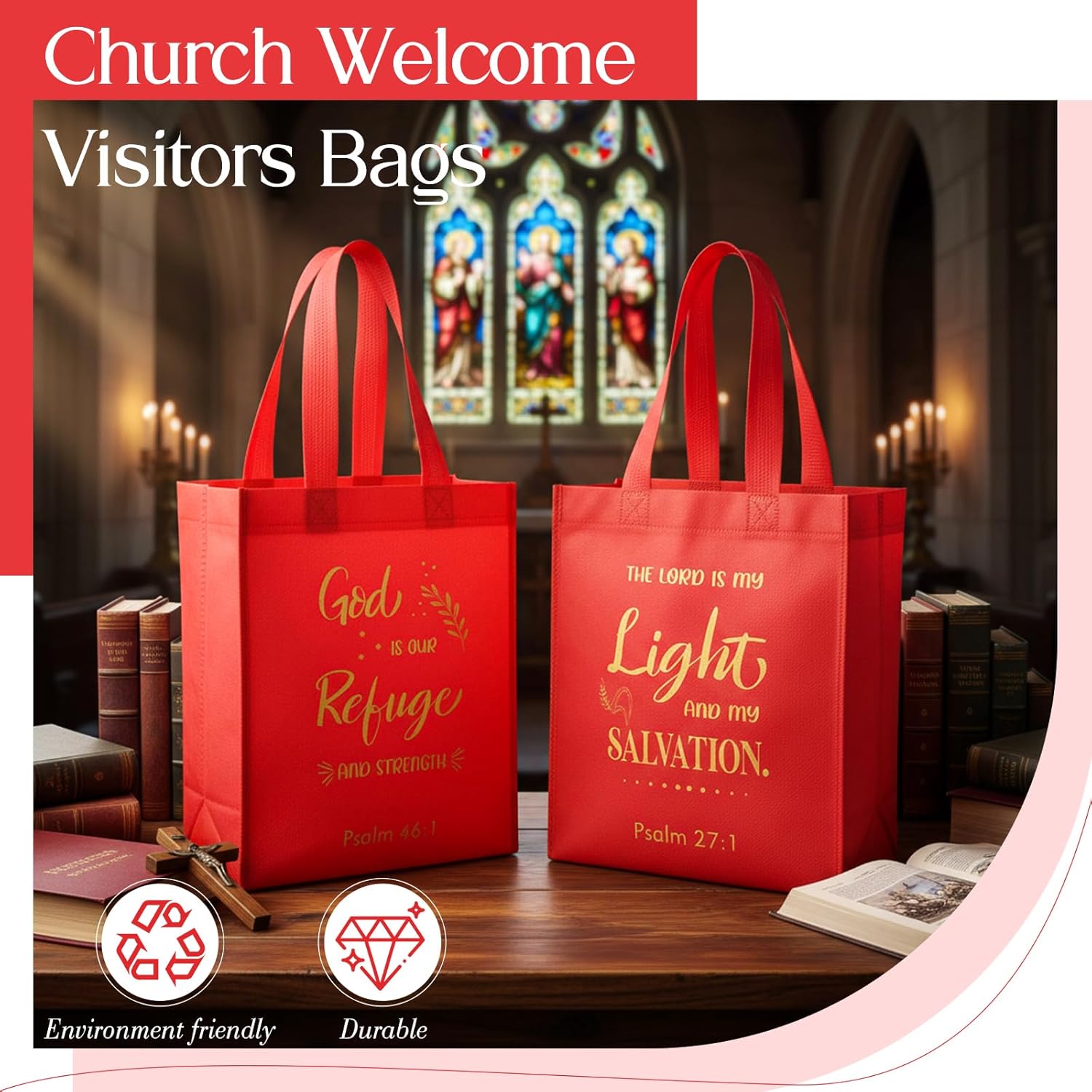 Windyun 100 Pcs Christmas Christian Gift Bag Bulk 8" x 4" x 10" Reusable Religious Bible Verse Tote Church Bags with Handle Pastor Welcome Visitors Pastor Sunday Blessing Bag for Gifts (Red) - Image 4