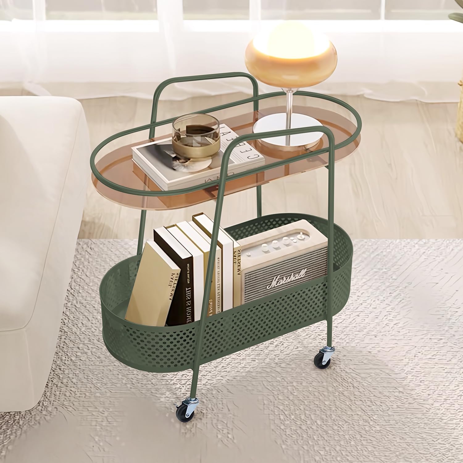 2-Tier Bar Carts with Storage Basket, Modern Rolling Storage Shelves with Wheels and Glass Holder, Metal Round Mobile Bar Serving Cart for Home, Bistro, Kitchen, Living Room, Dining Room (Green)