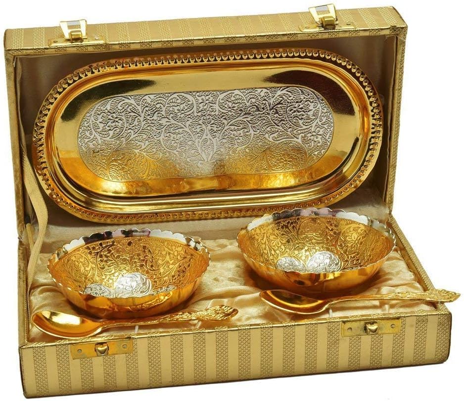 German Silver Bowl Spoon And Tray For Gifts Set Of 5 | Golden And Silver, 100 ML