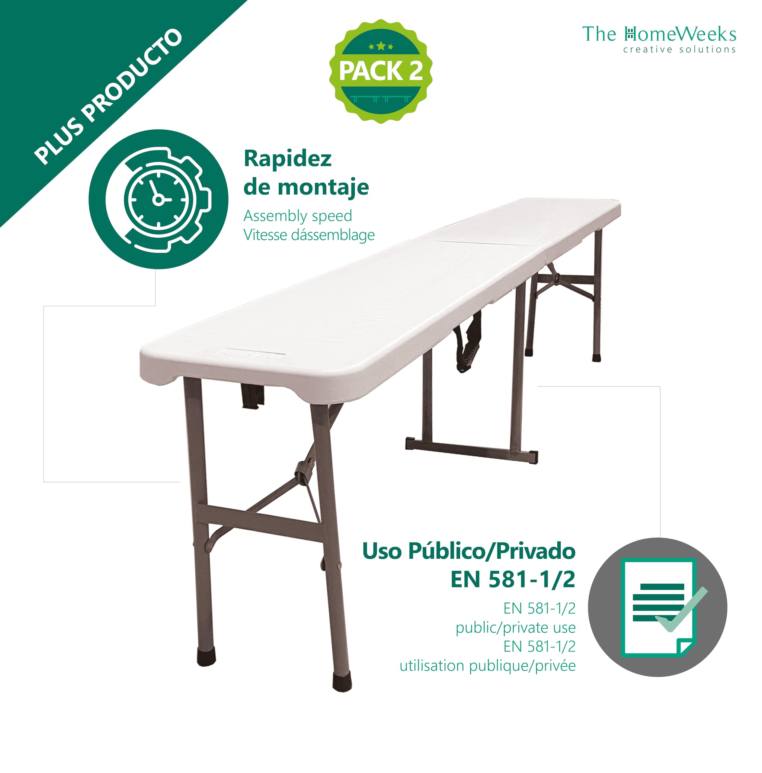 The Homeweeks Pack Mesa Plegable con 2 Bancos Solid 180cm portátiles | Normativa Uso público Interior/Exterior | Capacidad 6/8 Personas | Carga 150 kg Mesa y 300 kg por Banco Multiusos jardín