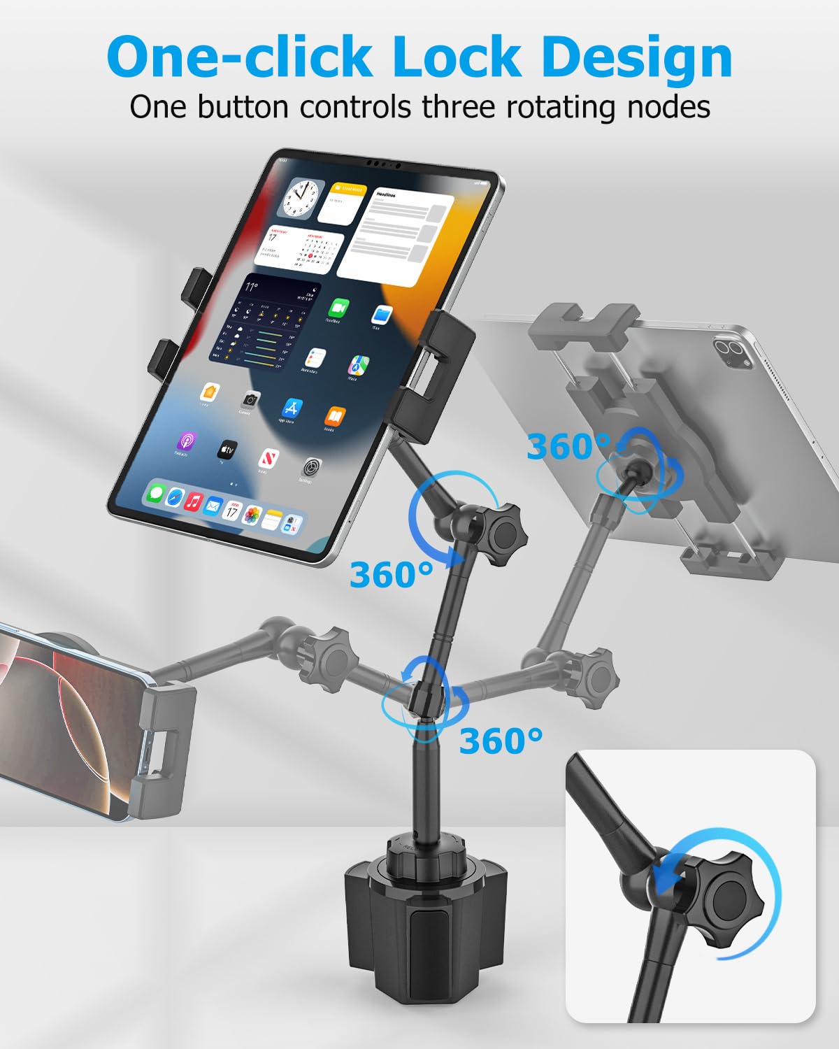 Ultra-elastyczny uchwyt na tablet samochodowy uchwyt na kubek - [Aluminiowe regulowane magiczne ramię] uchwyt na kubek do samochodu ciężarowego na tablety, telefony komórkowe, iPad, Galaxy Tab