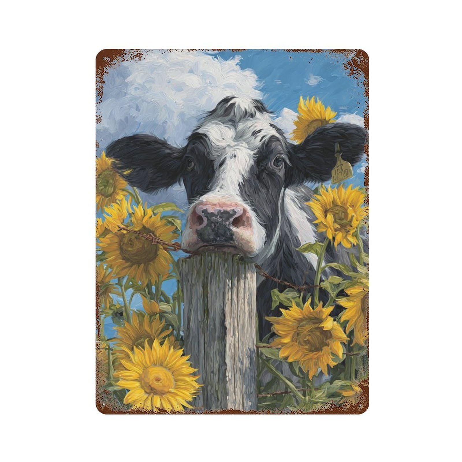 Rust Effect Cow with Sunflowers Aged Metal Wall Plaque 15.7"x11.8", Rustic Home Decor for Bistro, Counter And Cafe Decor