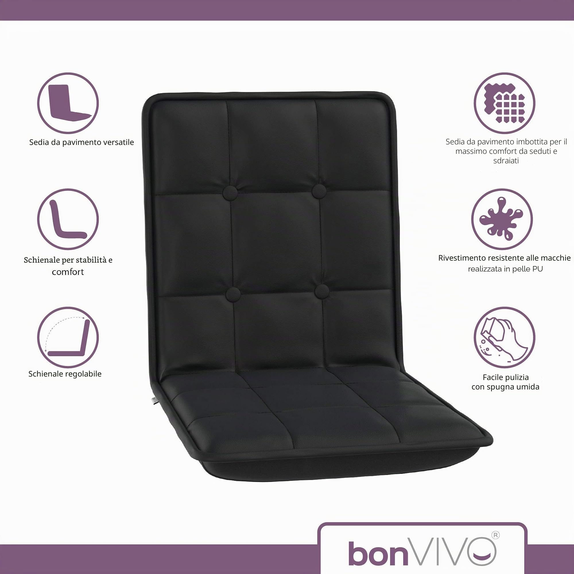 bonVIVO EASY Comfort Poltrona da Terra Pieghevole Regolabile | Seduta imbottita con schienale reclinabile per meditazione, lettura, yoga e relax. Portatile per casa e tempo libero.