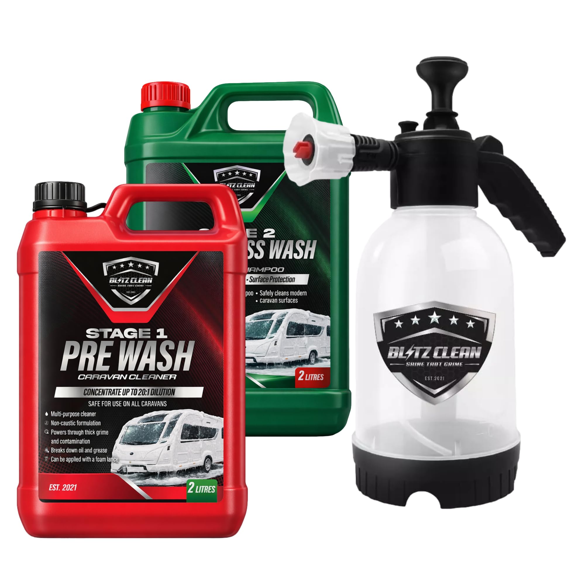 Concentrated Caravan Cleaning Kit with Pump Handheld Sprayer – Stage 1 Pre Wash Cleaner & Stage 2 Super Carnauba Wax Shampoo, Exterior Cleaning for Caravans & Motorhomes(2L Stage 1/Stage 2 + Sprayer)