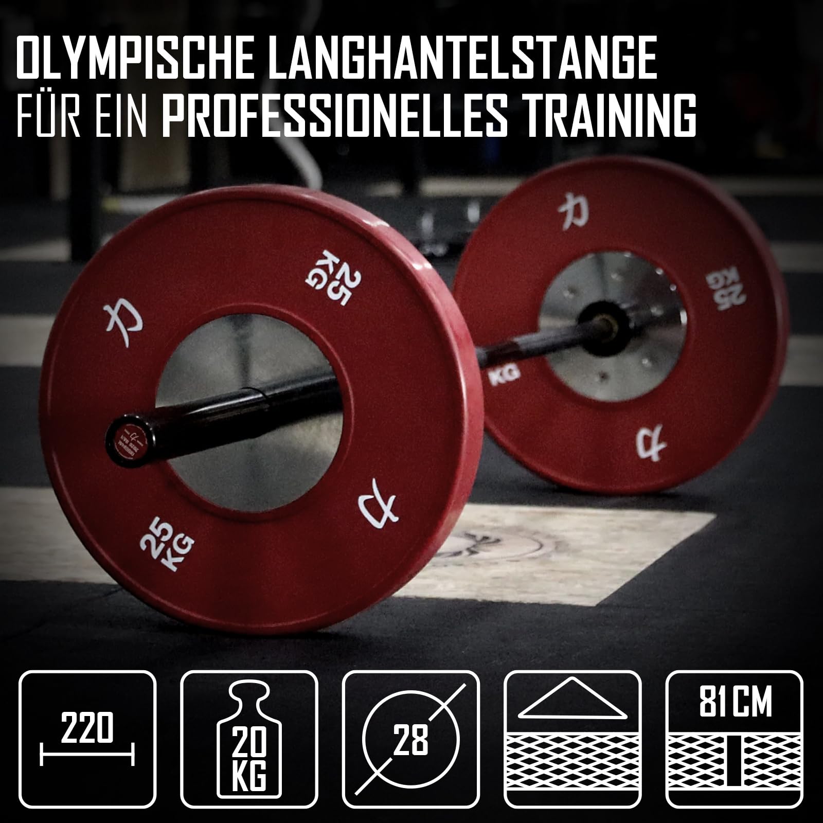 Strength Shop Olympia Langhantel 20kg, 220cm Länge & 28mm ⌀, Stahl Langhantelstange 50mm Scheibenaufnahme mit E-Coat Beschichtung & scharfer Rändelung, perfekt für dein Homegym