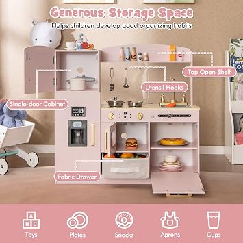 HONEY JOY Kids Kitchen Playset, Wooden Toy Kitchen Set with Lights & Sounds, Microwave, Ice Maker, Storage Box, Interactive Little Chef Pretend Play Kitchen for Toddlers, Gift for Boys Girls (Pink)