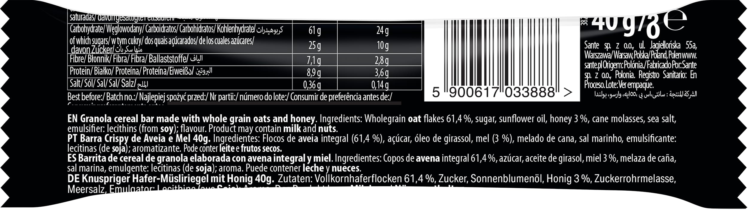 Sante Crispy Bar Baton Owsiany z Miodem, Chrupki Granola, 61% Pełnoziarniste Płatki Owsiane, 40g, Zestaw 24 Sztuki