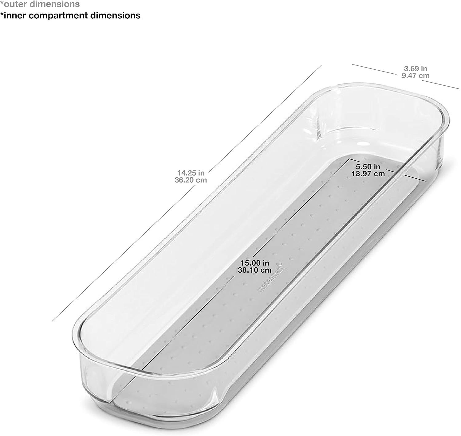 madesmart Clear Soft Grip 14x4 Bin Organizer, 14.25" x 3.69", Lt. Grey