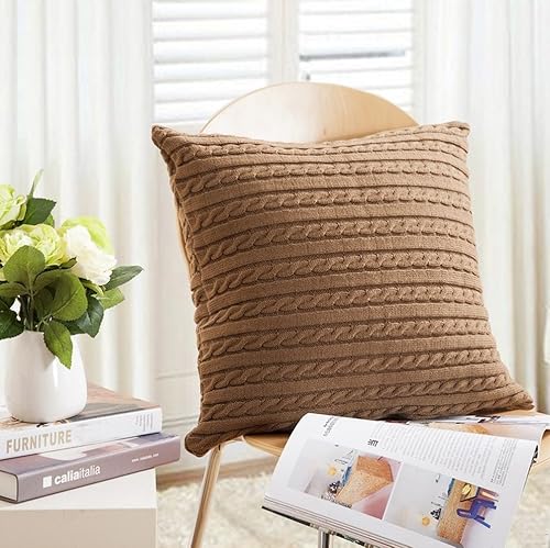 Miniatura 3 de Home-organizer Tech Funda de cojín decorativa de punto extraíble de algodón, patrón de tejido de cable, fundas de almohada cuadradas y cálidas, 17.5