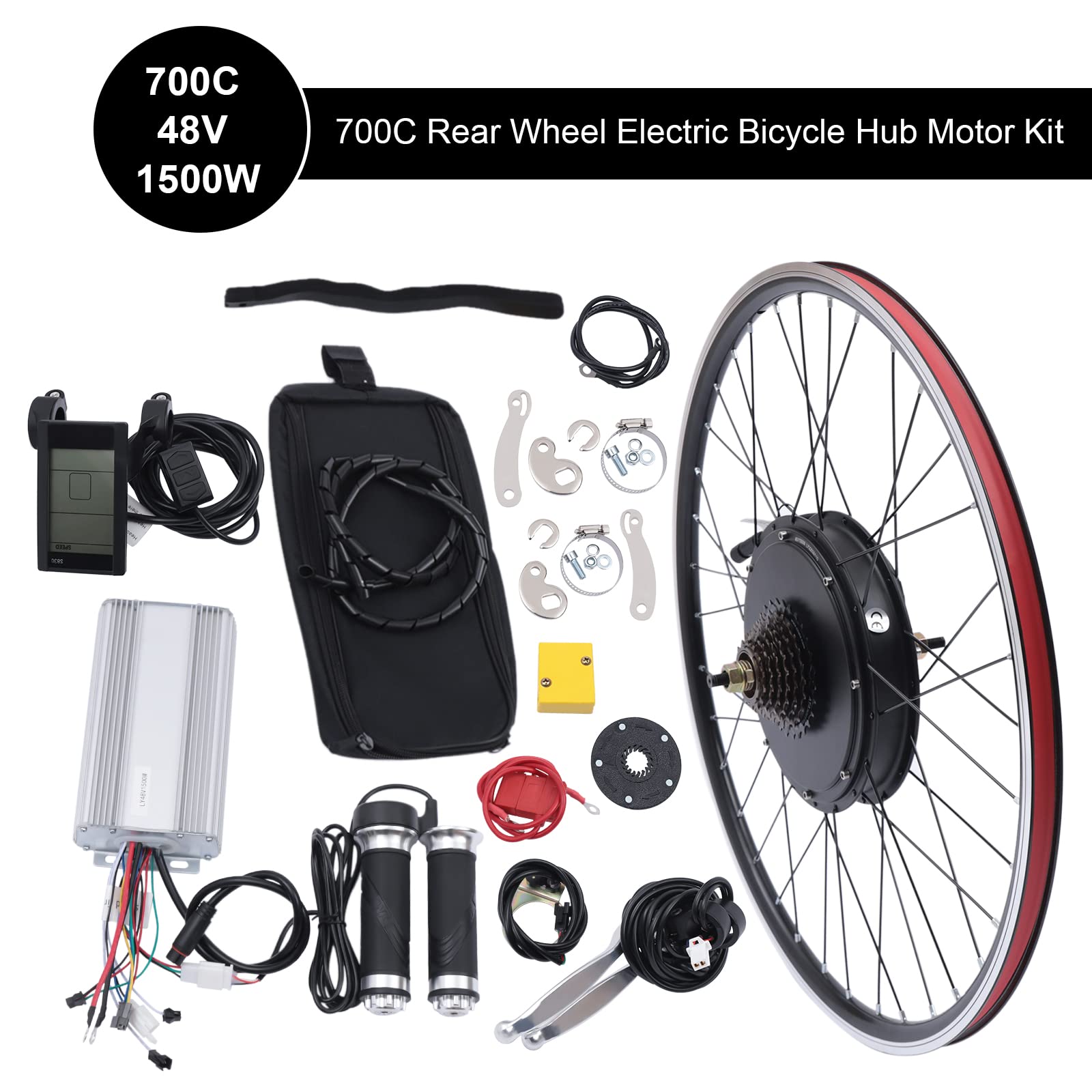 AKaSping 48V 1500W Electric Bicycle Conversion Kit for 700C Wheels - Rear Wheel Motor Kit with LCD Display Controller and Brushless Gearless Hub Motor