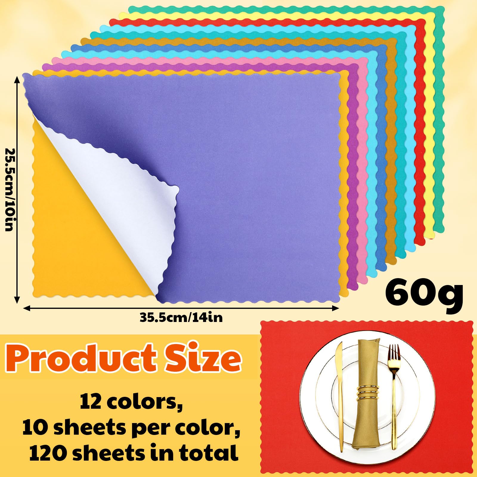 Panelee Bunte Einweg-Tischsets aus Papier, 25,4 x 35,6 cm, Regenbogen-Papier-Tischsets mit dekorativem gewelltem Rand, blanko, Tischmatten für Ostern, Hochzeit, Catering, Esszimmer, Party, 120 Stück