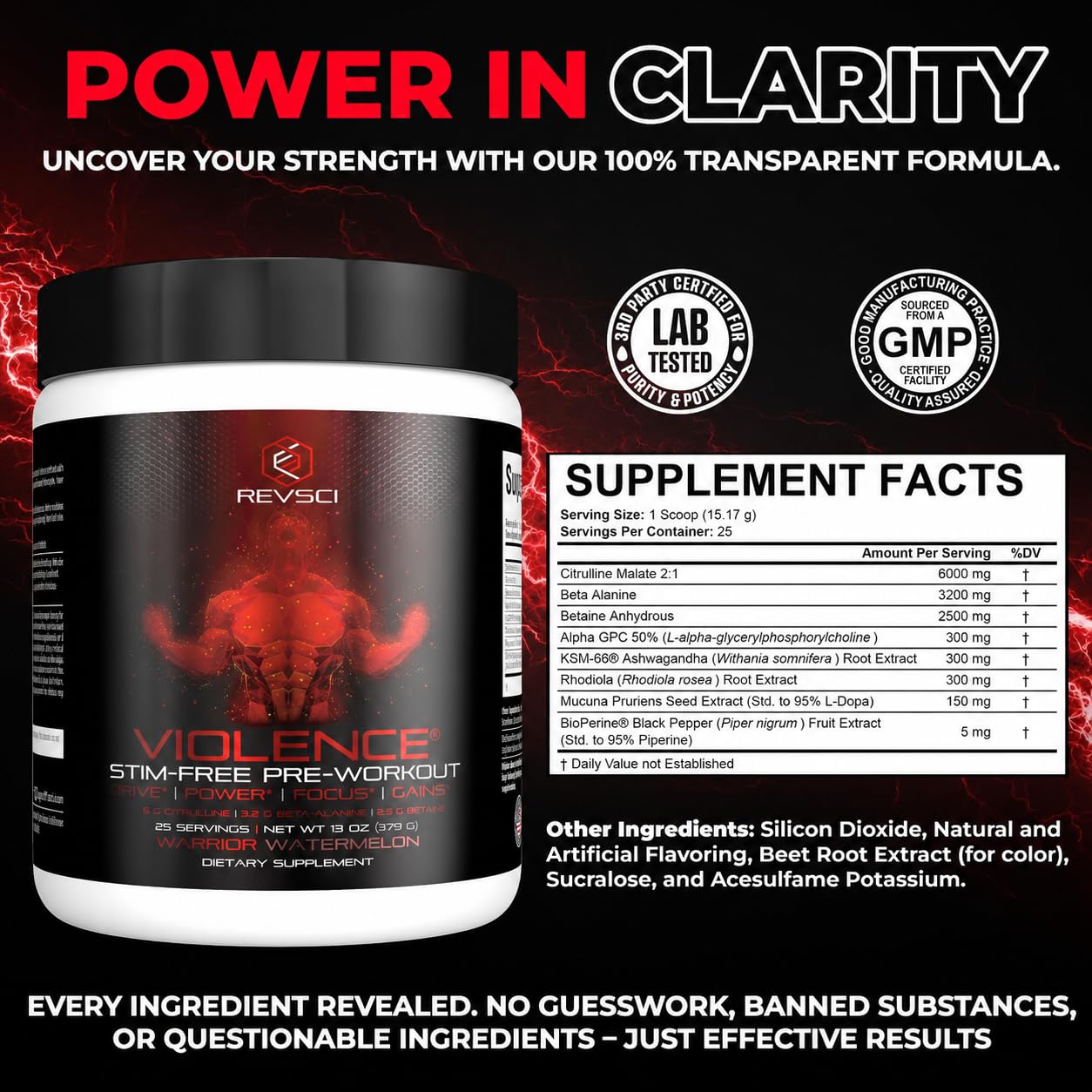 VIOLENCE Stim Free Pre Workout Powder by REVSCI, Precision Dosed Non Stim Preworkout Pump Pre Workout Caffeine Free Pre Workout Powder, Pump Supplement & Stimulant Free Nitric, Watermelon, 25 Servings — Amazon image 5
