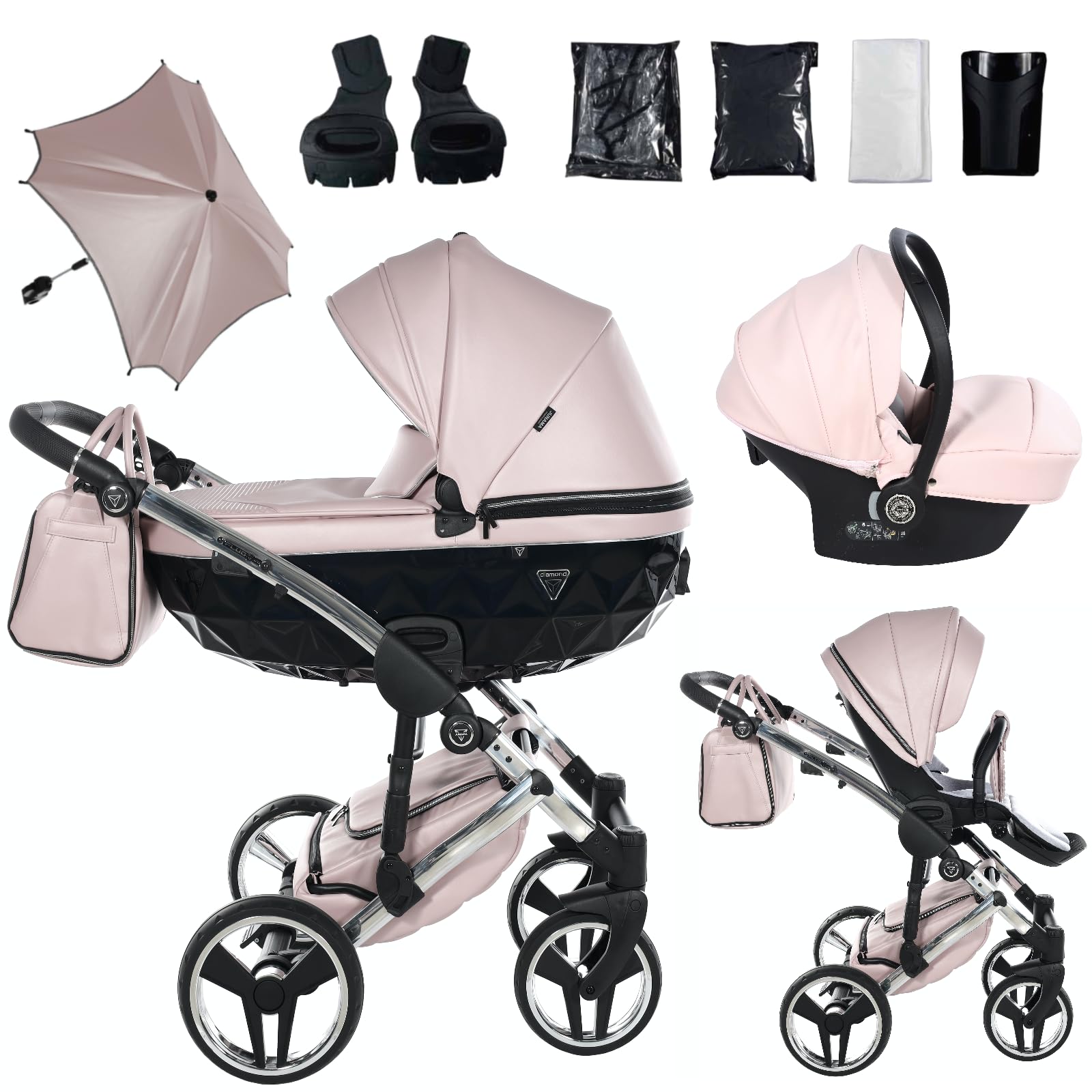 Junama Poussette Diamond Fluo 06 Rose et Argenté 2en1 3en1 4en1 avec ombrelle pare-soleil (3 en 1 avec siège auto)