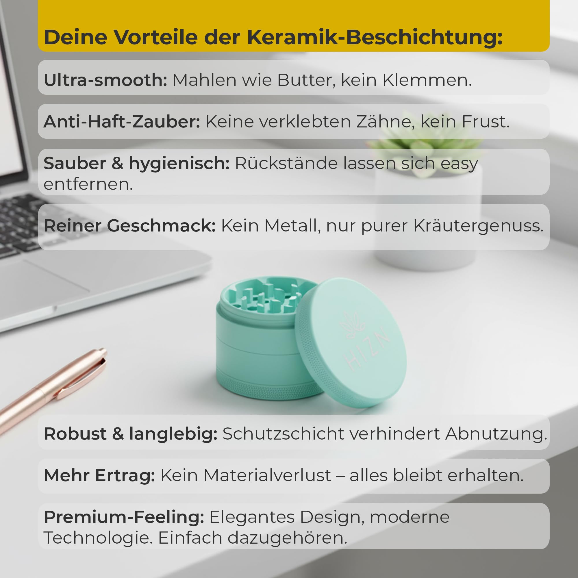 Keramik Grinder 4-teilig Ø 63mm, Premium Grinder mit Nano-Beschichtung, Metall Crusher Kräutermühle, Antihaft & langlebig, inkl. Zubehör-Set (Mint)