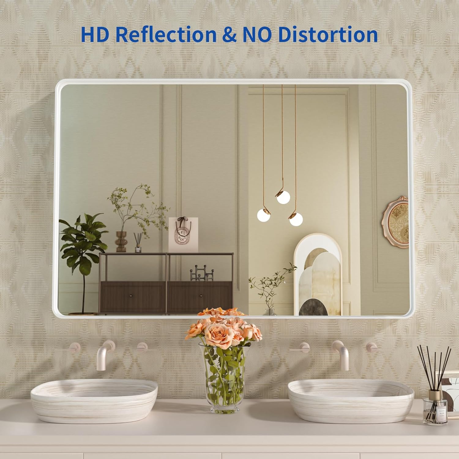 weer white bathroom mirror 48x30 inch, rounded rectangle white metal frame mirror, matte white bathroom vanity mirror with tempered glass, anti-rust, hangs horizontally or vertically white 48"l x 30"w