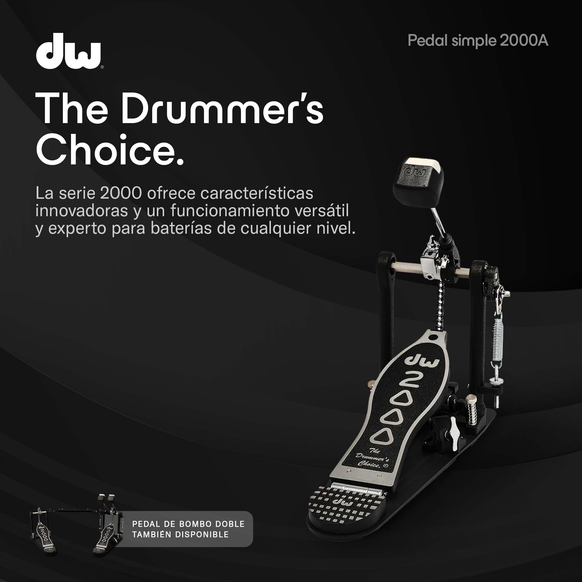 DW 2000A | Pedal de bombo simple serie 2000 | Perfecto para baterías de cualquier nivel | Robusta estructura íntegra de metal con sistema de transmisión Accelerator de cadena simple