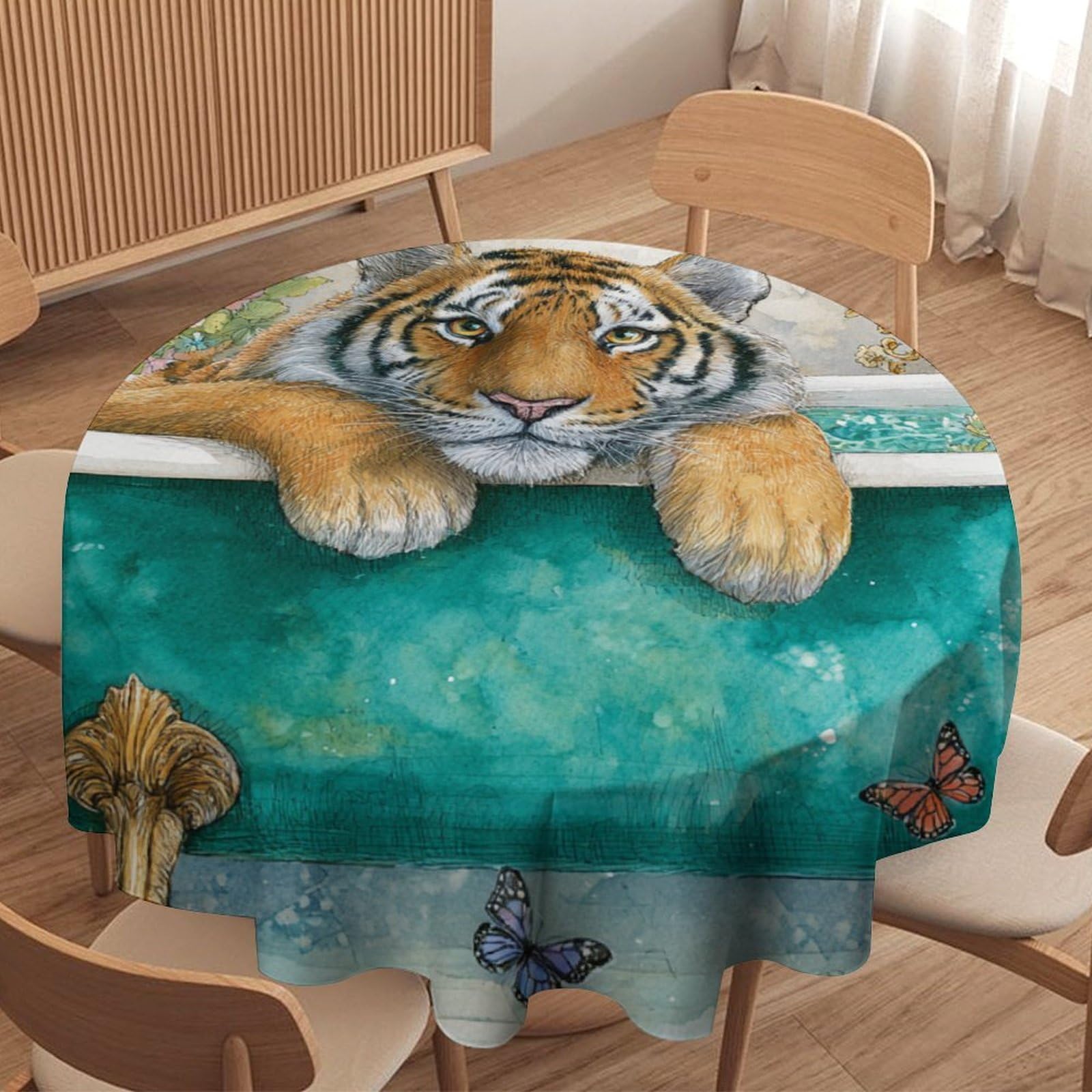 LUYYSKY Beautiful Classic Tiger Waterproof Round Tablecloth Mid Century Abstract Bathroom Art Animals Tigers Butterflies Pattern Washable Table Cover for Kitchen-91.4" Wx91.4 L cm