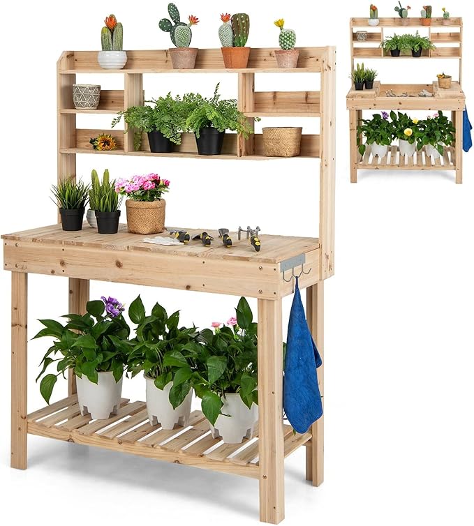 COSTWAY Garden Potting Table, Wooden Potting Bench with Sliding