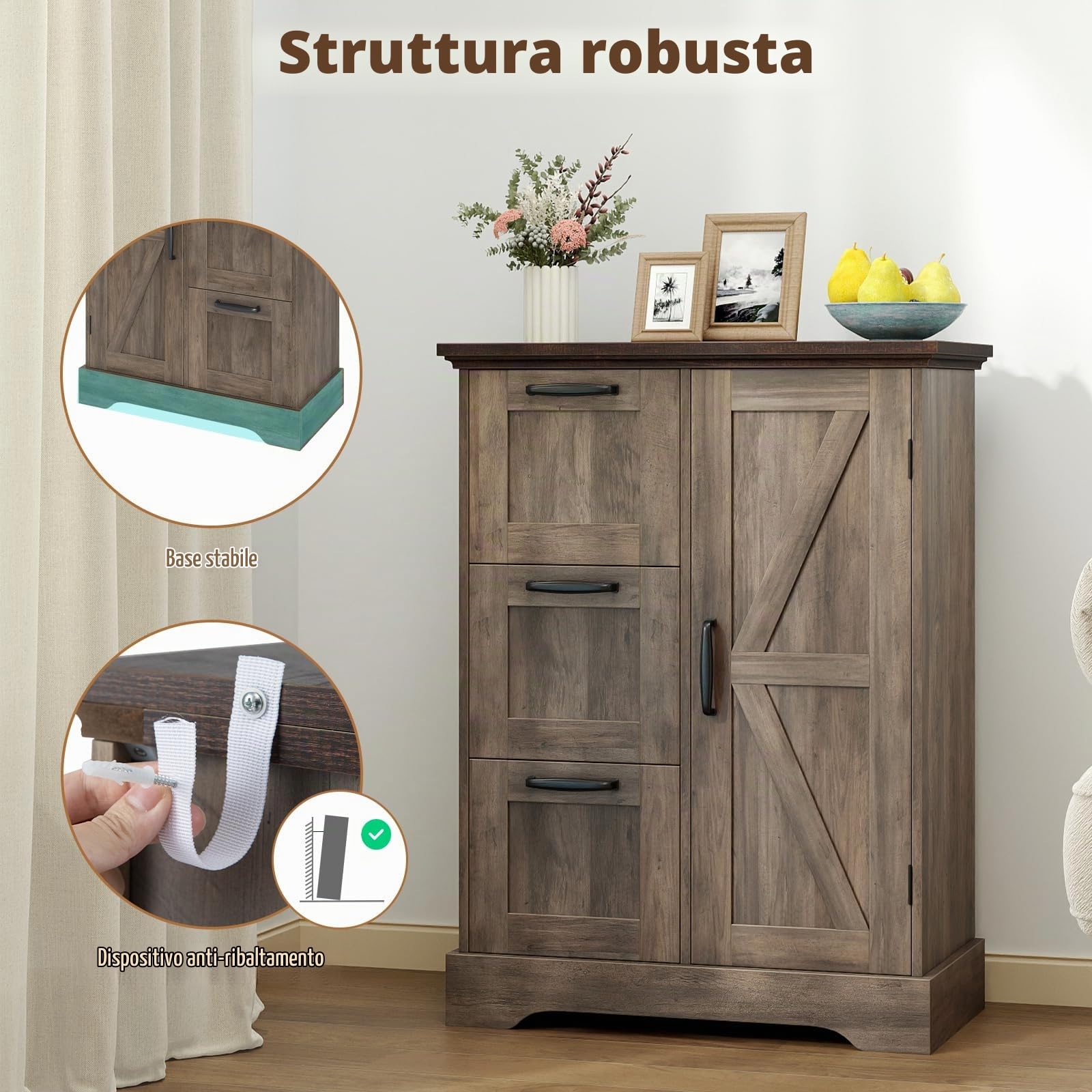 KOMFOTTEU Credenza Cucina con 3 Cassetti e Armadio con Ante, Mobile Cucina Dispensa con Kit Antiribaltamento, Mobiletto Cucina, per Soggiorno, Sala da Pranzo, 60 x 30 x 80 cm (Grigio Scuro)