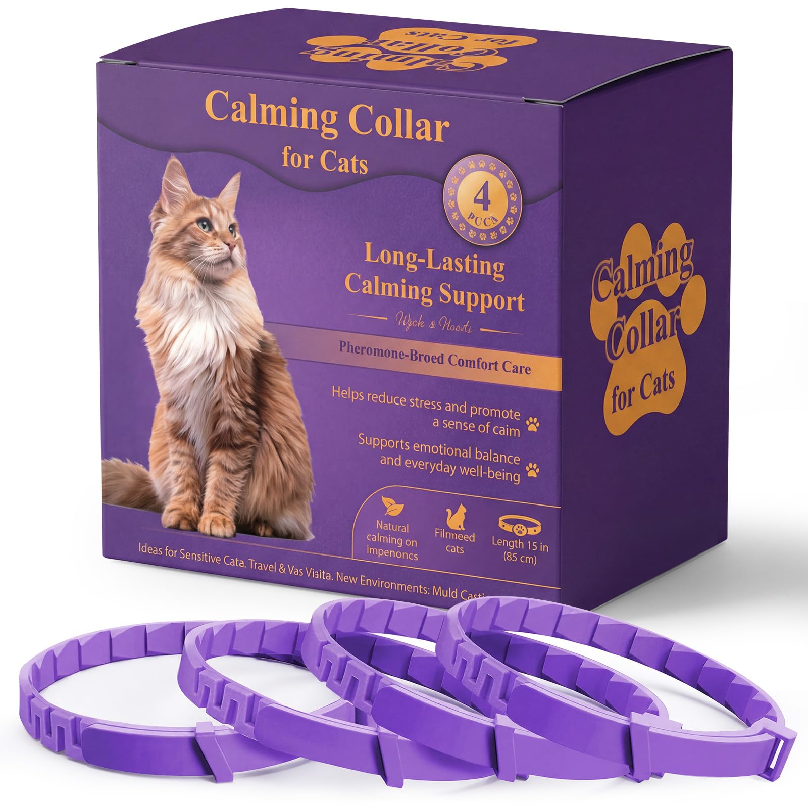 Cat Calming Collar, 4-Pack Pheromone Collars for Cats – Adjustable 15″, Up to 4 Weeks Lasting Stress & Anxiety Relief, Helps Reduce Noise Fear, Scratching & Separation Anxiety
