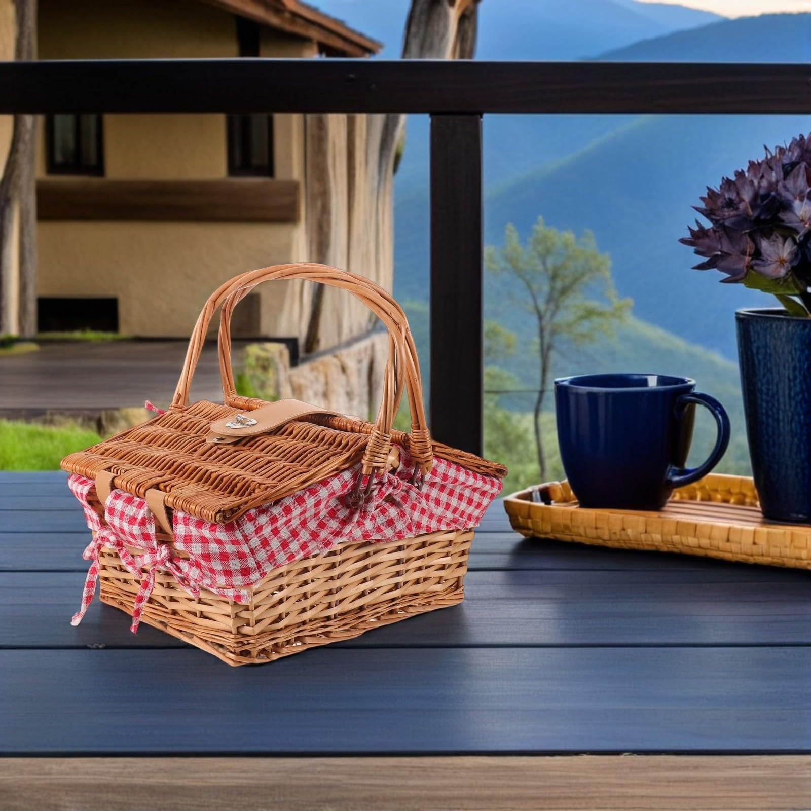 Cesta de Picnic Tejida Vintage de Mimbre con Tapa y Asas Extraíbles