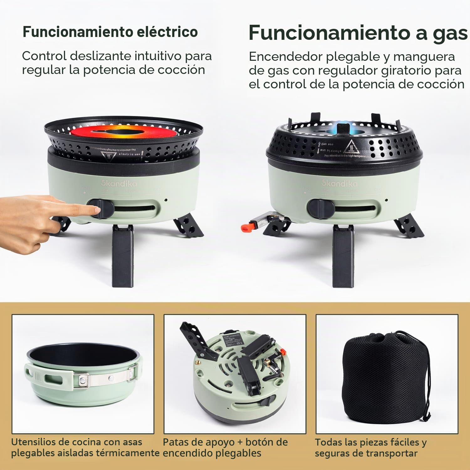 Skandika Hornillo de camping Rask | Hornillo híbrido para camping, 2 en 1, funciona con electricidad o gas, encendido piezoeléctrico, con utensilios de cocina (verde)