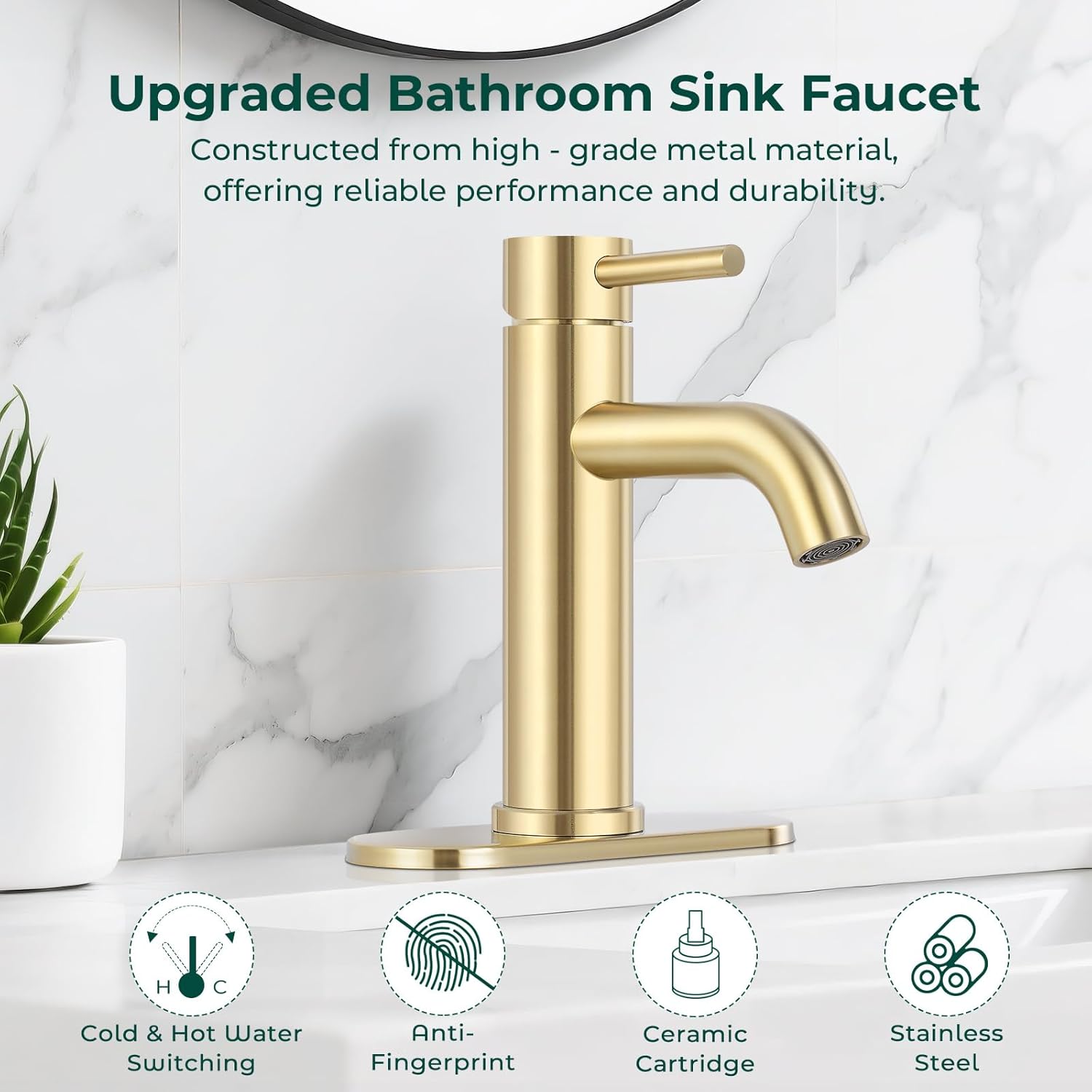 Brushed Gold Bathroom Faucets, Modern Bathroom Sink Faucet Single Handle Bathroom Faucet for 1 or 3 Hole, Mixer Tap Vanity Faucet with Deck Plate, Pop-up Drain, A-Brushed Gold
