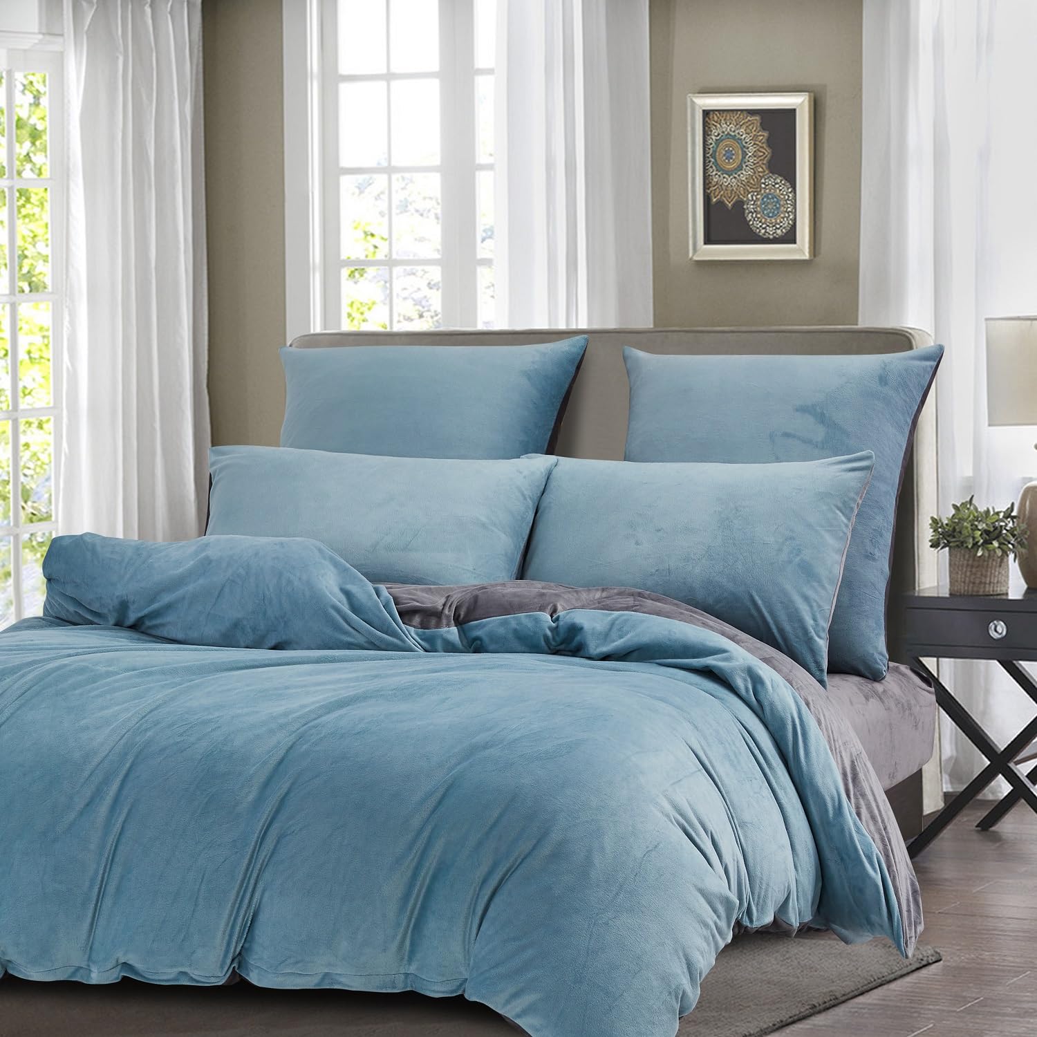 Funda de edredón de invierno de 220 x 240 cm, cálida de franela con tacto de cachemir de terciopelo azul claro y gris, suave con cremallera, ropa de cama de 2 plazas con 2 fundas de almohada de 65 x