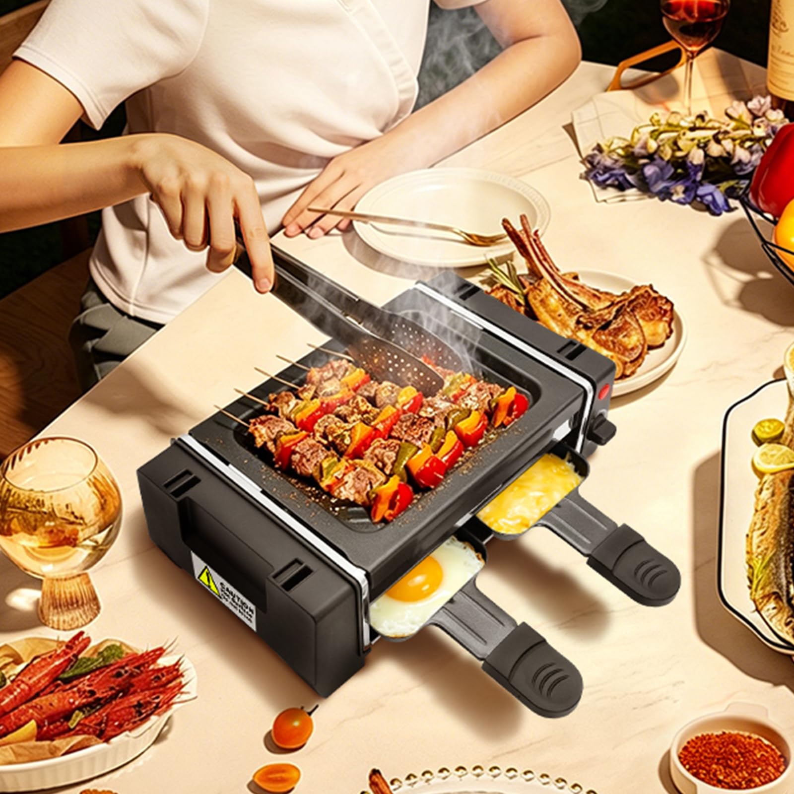 Raclettegrill para 2 personas, parrilla eléctrica de mesa con revestimiento antiadherente, control de temperatura y 2 sartenes para raclette, mini parrilla interior para queso, carne, verduras