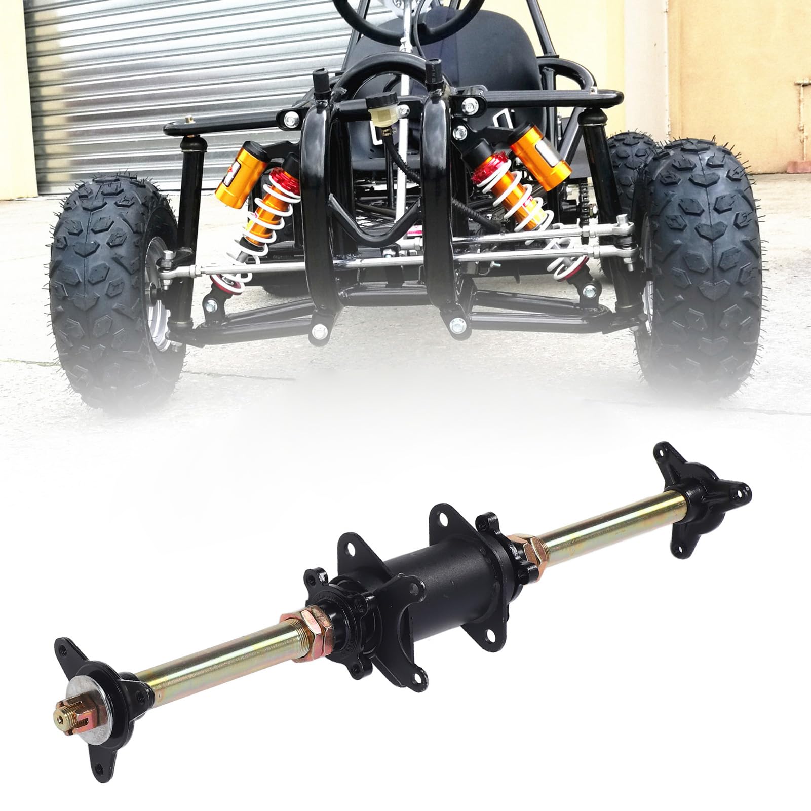 Drfeify Zestaw Tylnej Osi Gokartowej 650 Mm Zespół Tylnej Osi ze Stopu Stali Średnica 25 Mm z Kołem łańcuchowym Kołnierze Piasty Tarczy Hamulcowej do Gokarta ATV Drift Trike DIY