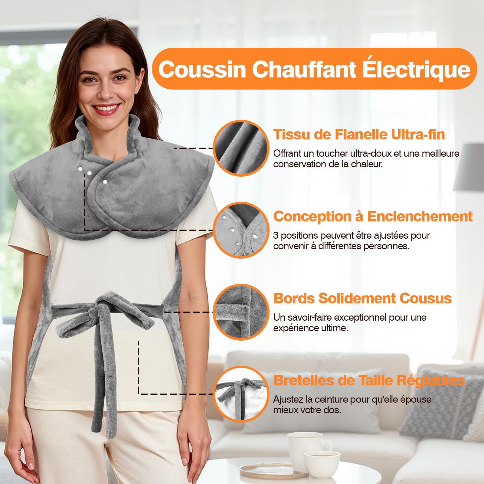 Coussin Chauffant dos Electrique Epaule et Nuque 60×100cm, 9 Niveaux de Chaleur, 4 RéGlages de Minuterie d'arrêt Automatique, Chauffage Rapide, Chauffe-dos, Flanelle, Lavable en Machine